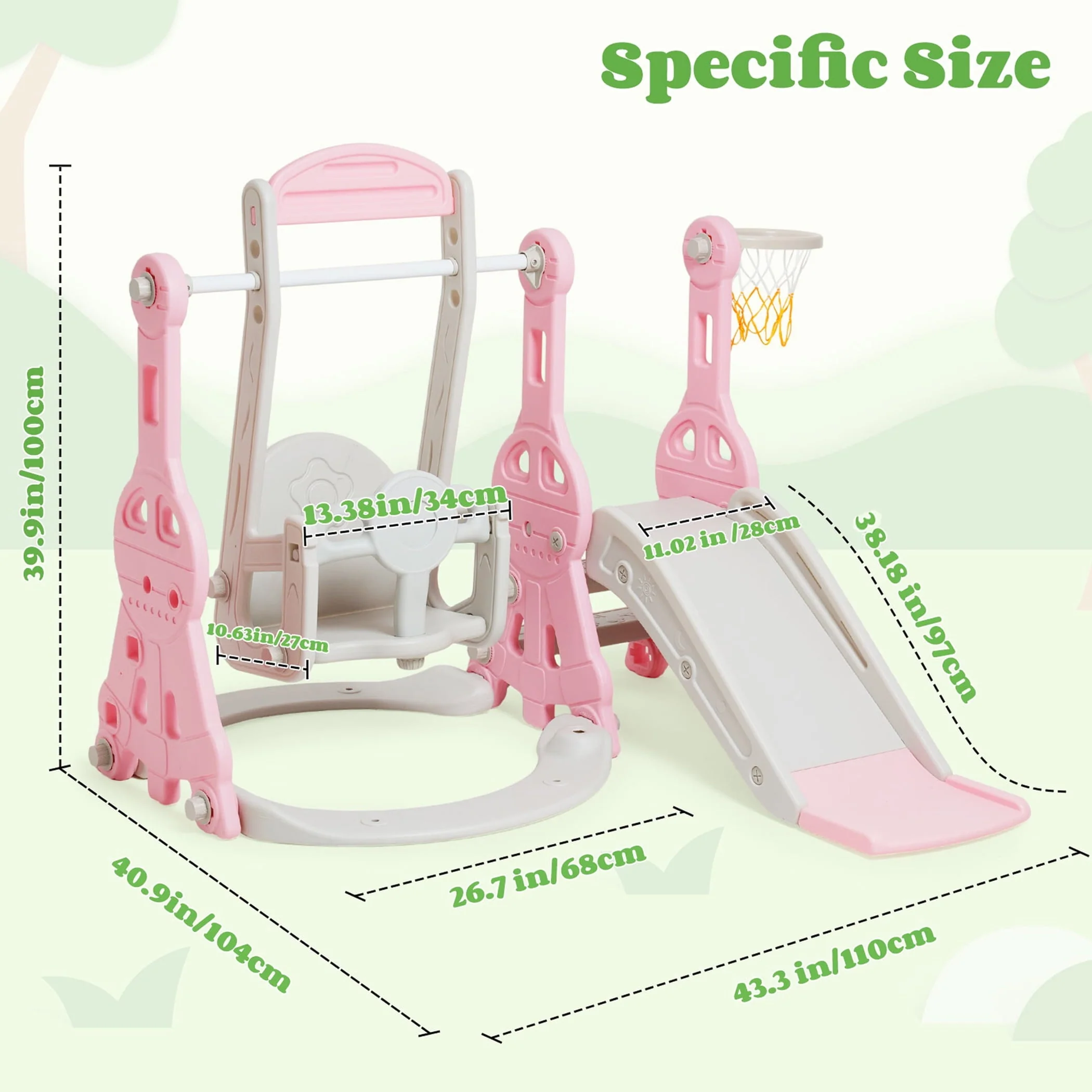 Ealing 4 in 1 Slide and Swing Set for Toddler Indoor and Outdoor Baby Slide Climber Playset with Basketball Hoop & Backyard Playground Swing Slide for Boys and Girl Slide length: 11.02' L Pink - Image 2