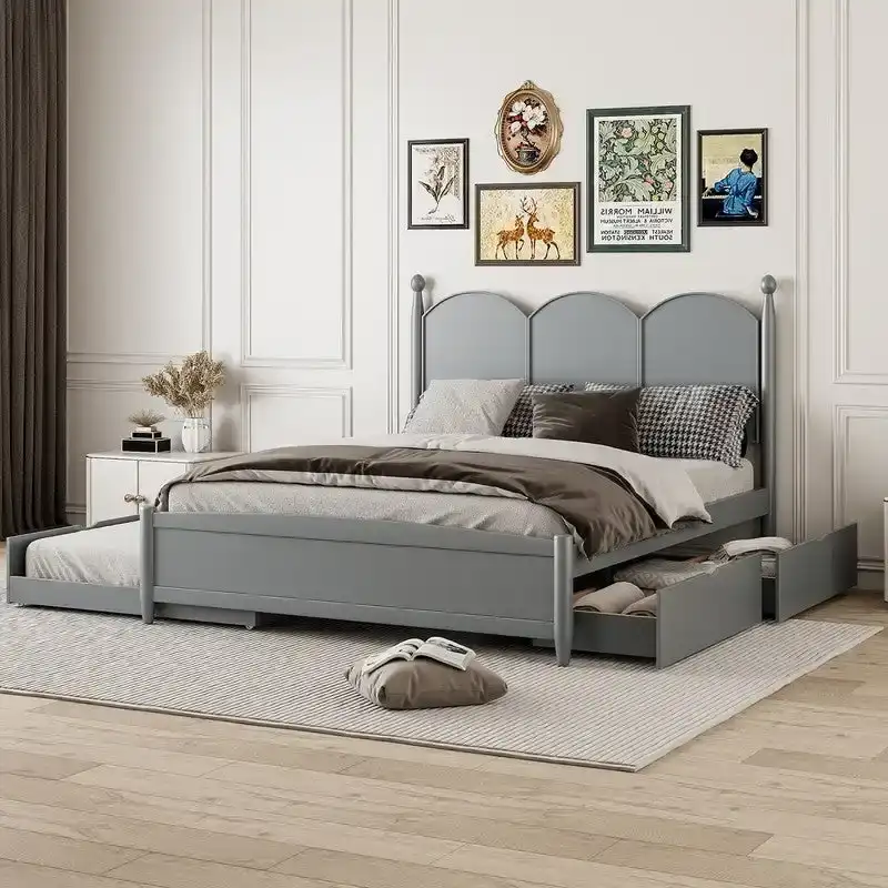 Queen Size Platform Bed with Vintage Headboard - Multifunctional Storage Frame Featuring Twin XL Trundle & 2 Drawers