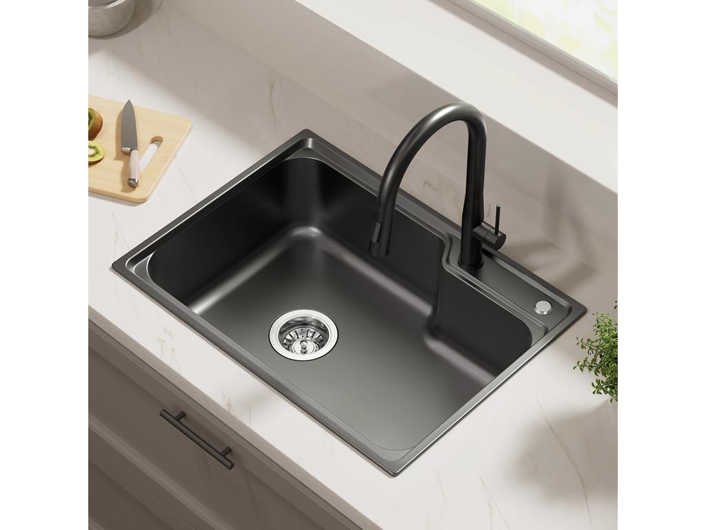Lujodec Fregadero Cocina 1 Bandeja 62*45*21CM, de Acero Inoxidable PVD Nano Lavabo,Negro+Grifo Cocina con Ducha Extraíble,Rotativo 360°,Negro