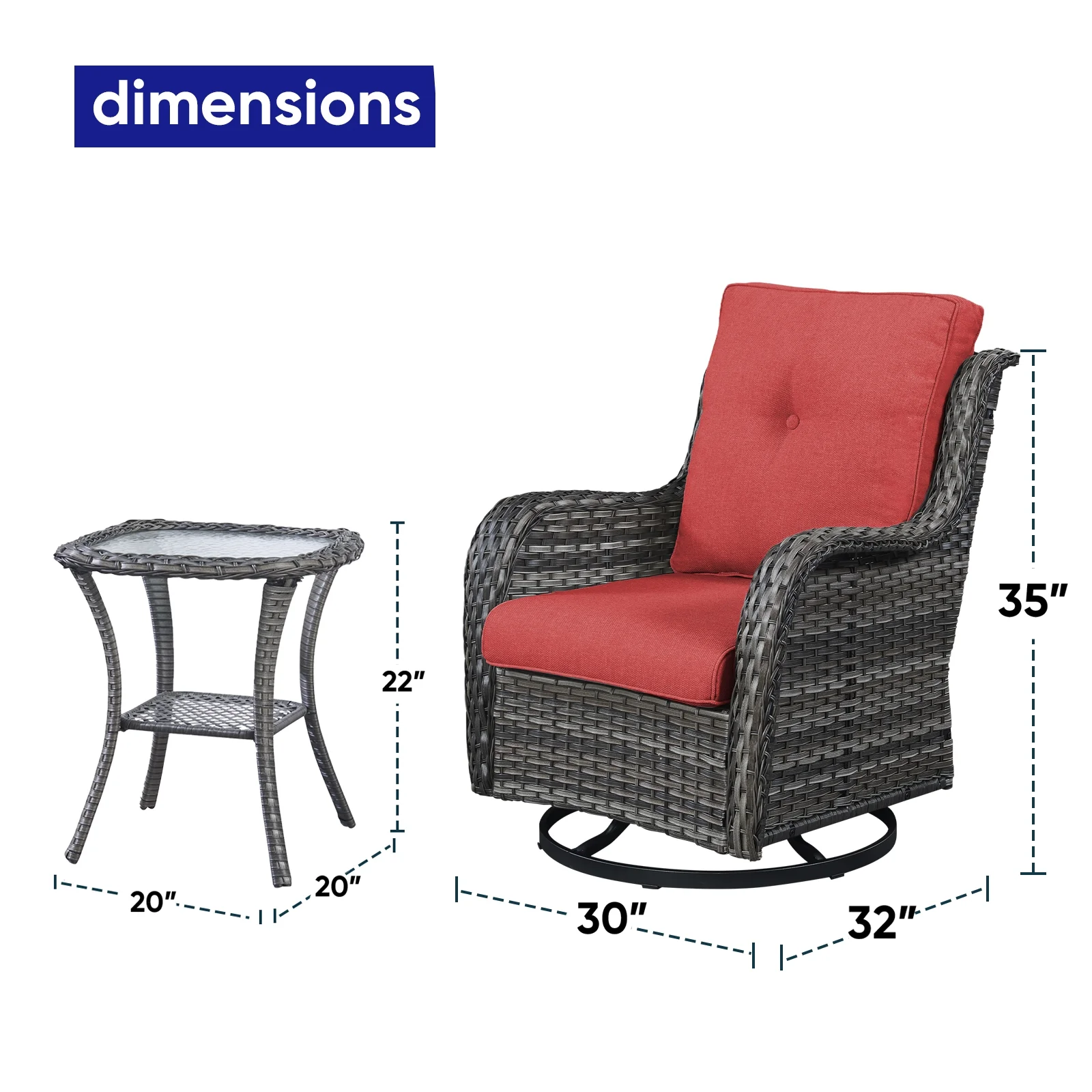 POCASSY 3 Piece Patio Set Outdoor Wicker Glider Rocking and Swivel Chairs with Cushions - Image 43