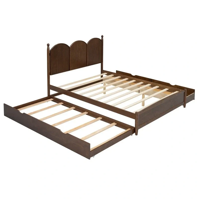 Queen Size Platform Bed with Vintage Headboard - Multifunctional Storage Frame Featuring Twin XL Trundle & 2 Drawers