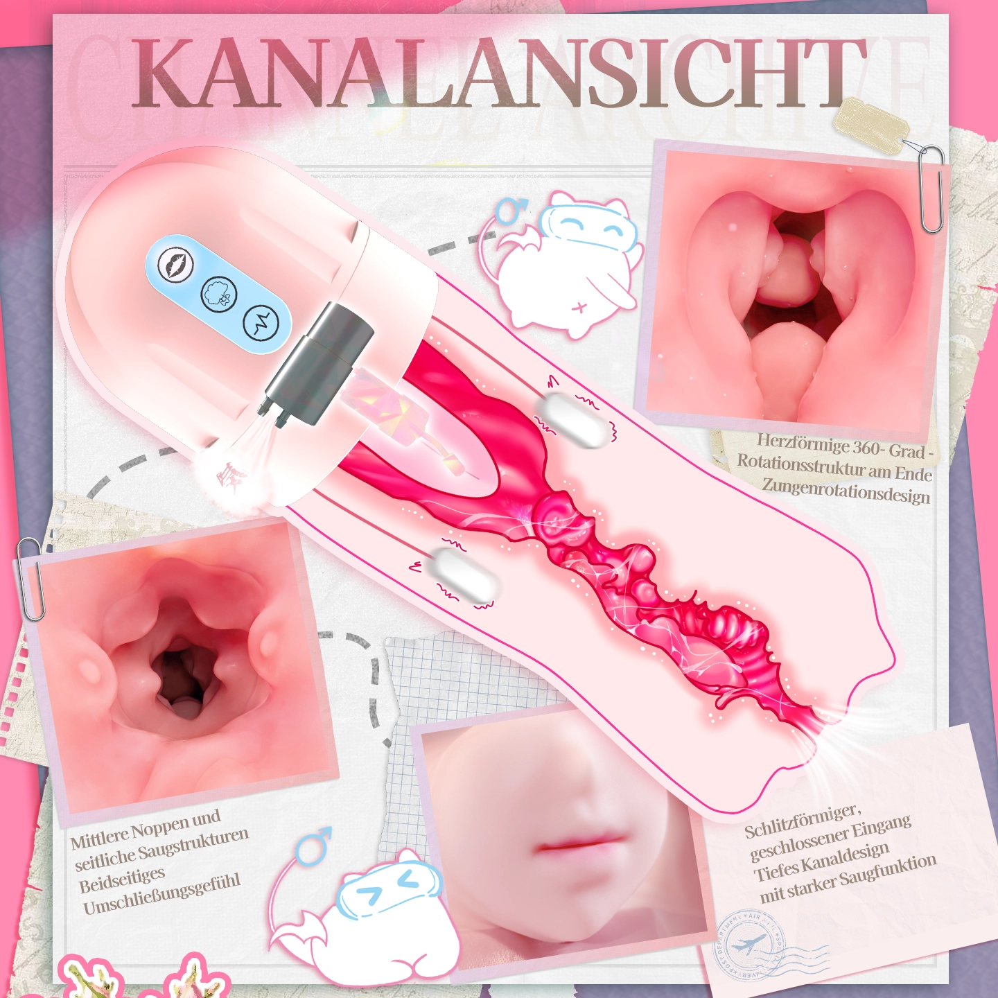 Schnittansicht eines rosafarbenen Modells mit geformten Innenreliefs, seitlichen Strukturen, 360-Grad-Rotation am Ende und Nahaufnahmen der Kanalbereiche.