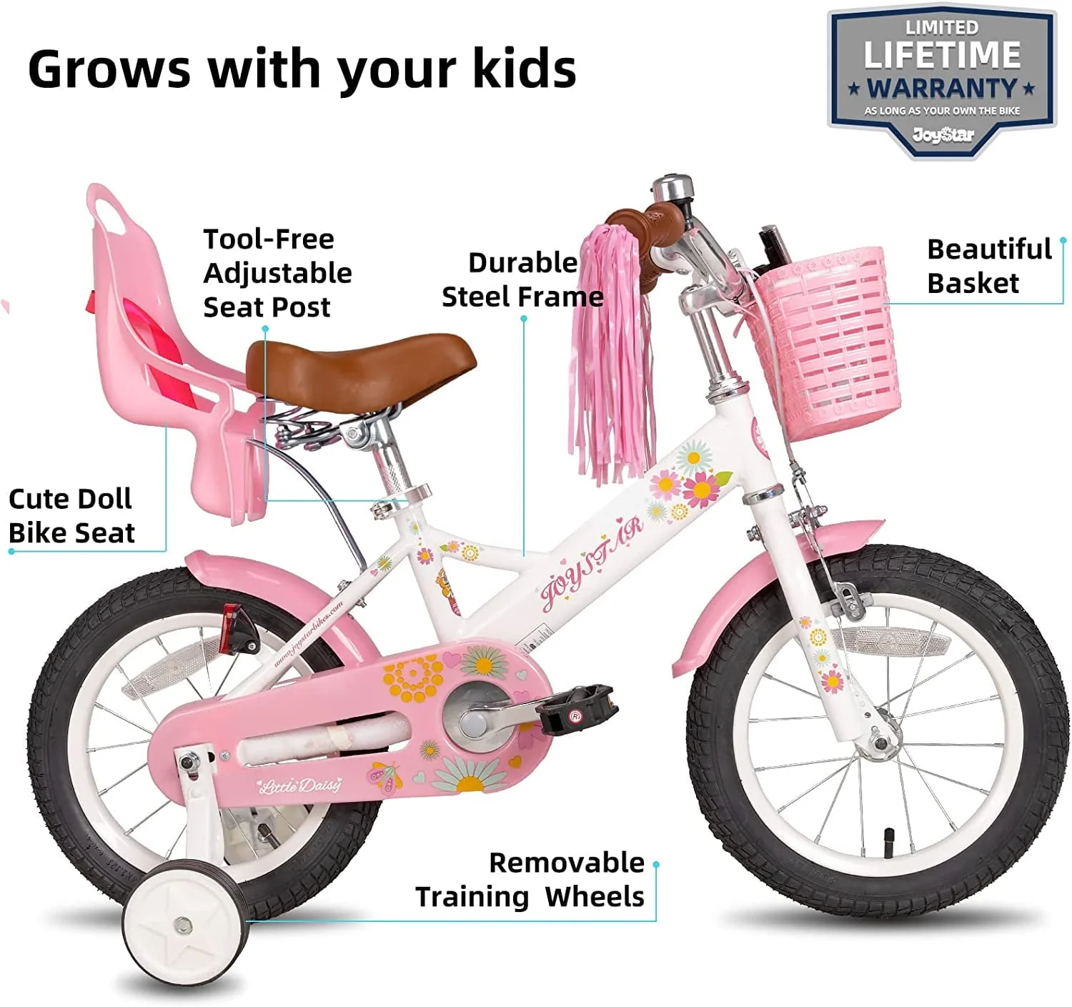 JOYSTAR Little Daisy 12 Inch Kids Bike for 2 3 4 Years Girls with Training Wheels Princess Kids Bicycle with Basket Bike Streamers Toddler Cycle Bikes White - Image 7