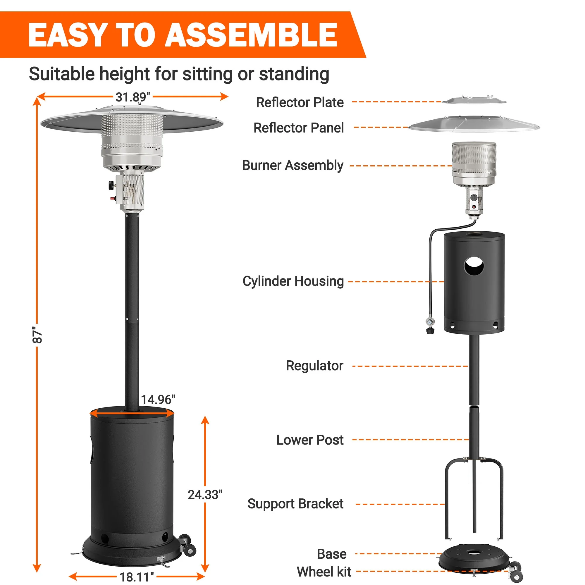 Patio Heater for Outdoor Use, 50,000BTU Propane Heater with Wheels and Adjustable Thermostat, Heavy Duty Stainless Steel Patio Heater, Freestanding Heater for Backyard, Deck, Garden, Silver - Image 19