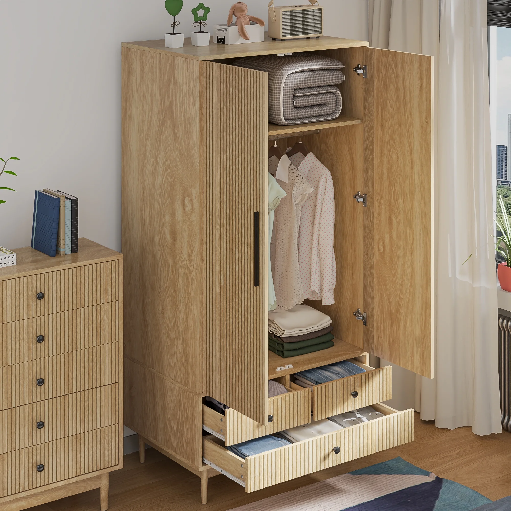 Oubayajia Wardrobe Armoire Closet, 2 Fluted Doors Wardrobe Cabinet with 3-Drawer and Hanging Rod, Wood Wardrobe Storage for Bedroom - Image 9