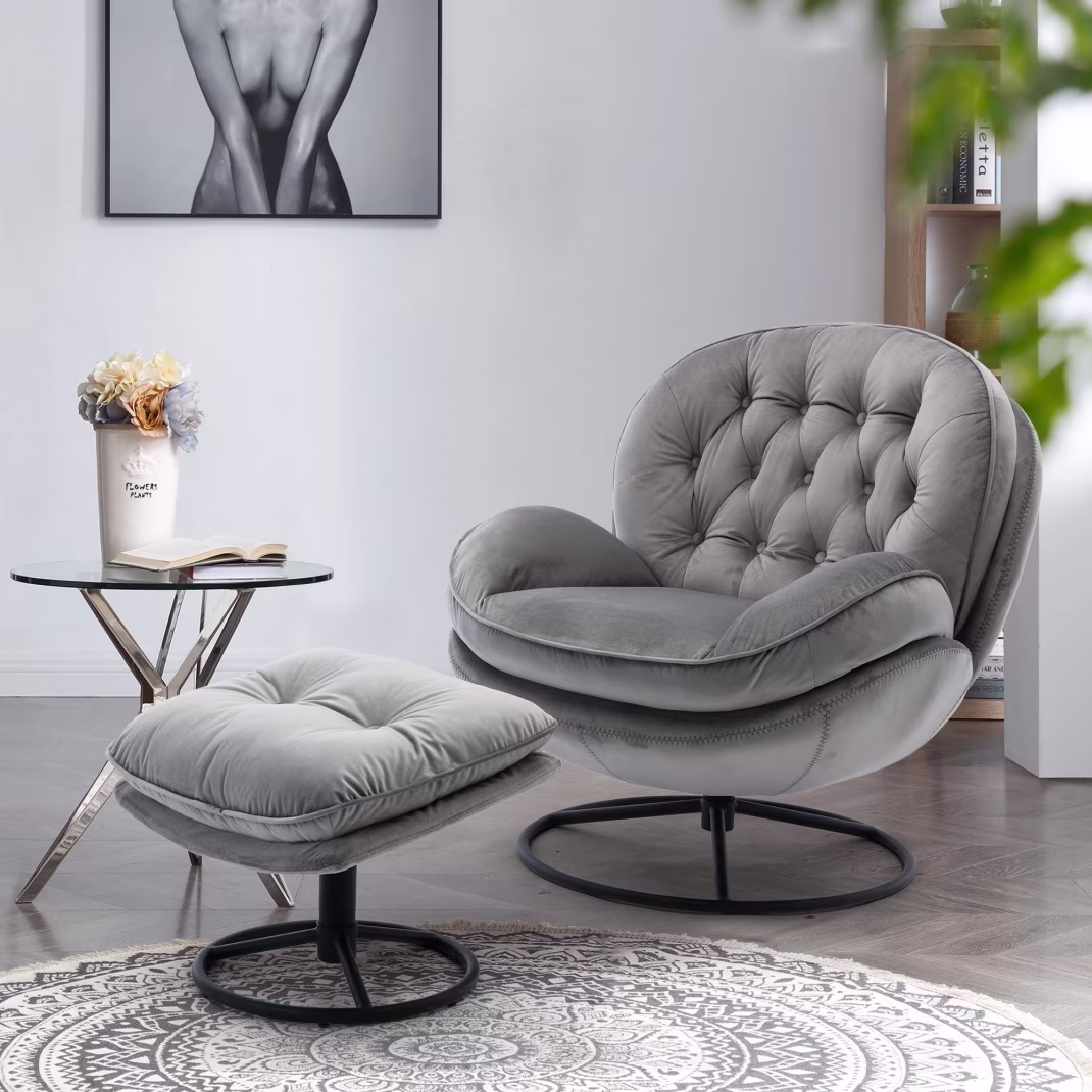 Velvet Swivel Accent Chair with Ottoman Set, Modern Tufted Armchair with Footrest for Living Room Reading TV Chairs for Adults, Comfy Chaise Lounge Chairs with 360 Degree Swiveling for Bedroom, Pink - Image 7