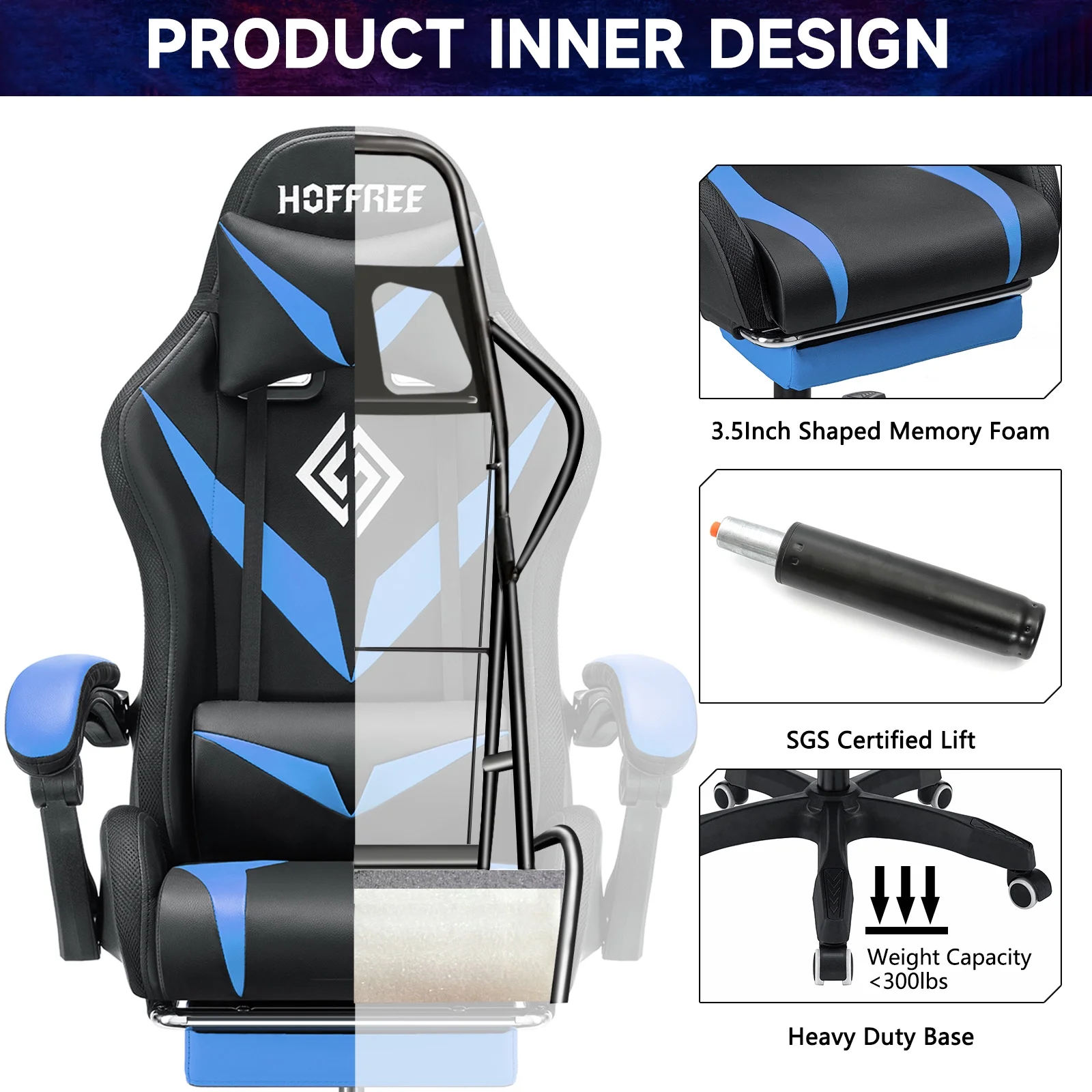 Hoffree Gaming Chair with Speakers PU Leather Office Chair with Footrest and LED Lights Ergonomic Gamer Chair with Massage Lumbar Support and Headrest Adjustable Swivel for Home Office 300lb - Image 14