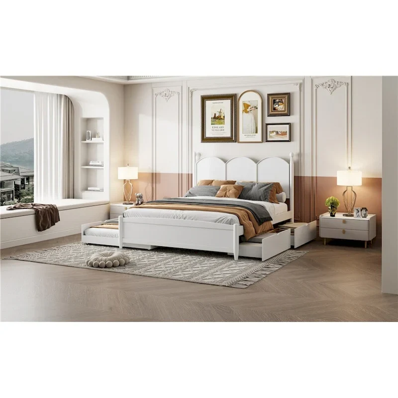 Queen Size Platform Bed with Vintage Headboard - Multifunctional Storage Frame Featuring Twin XL Trundle & 2 Drawers