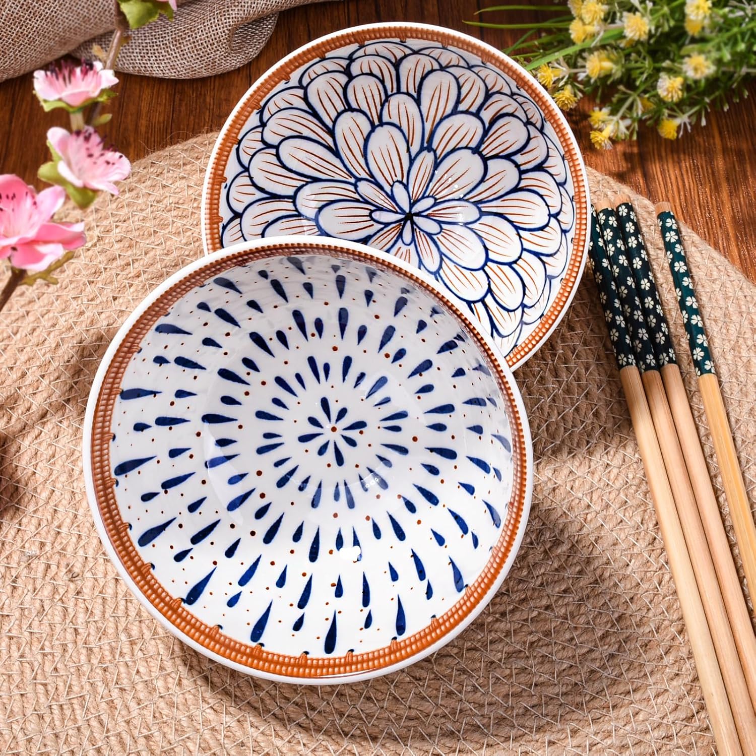 Japanese Ceramic Rice Bowl Set of 2 with Chopsticks, Small Porcelain Bowls for Soup, Grains, Snacks & Side Dishes,Dishwasher & Microwave Safe