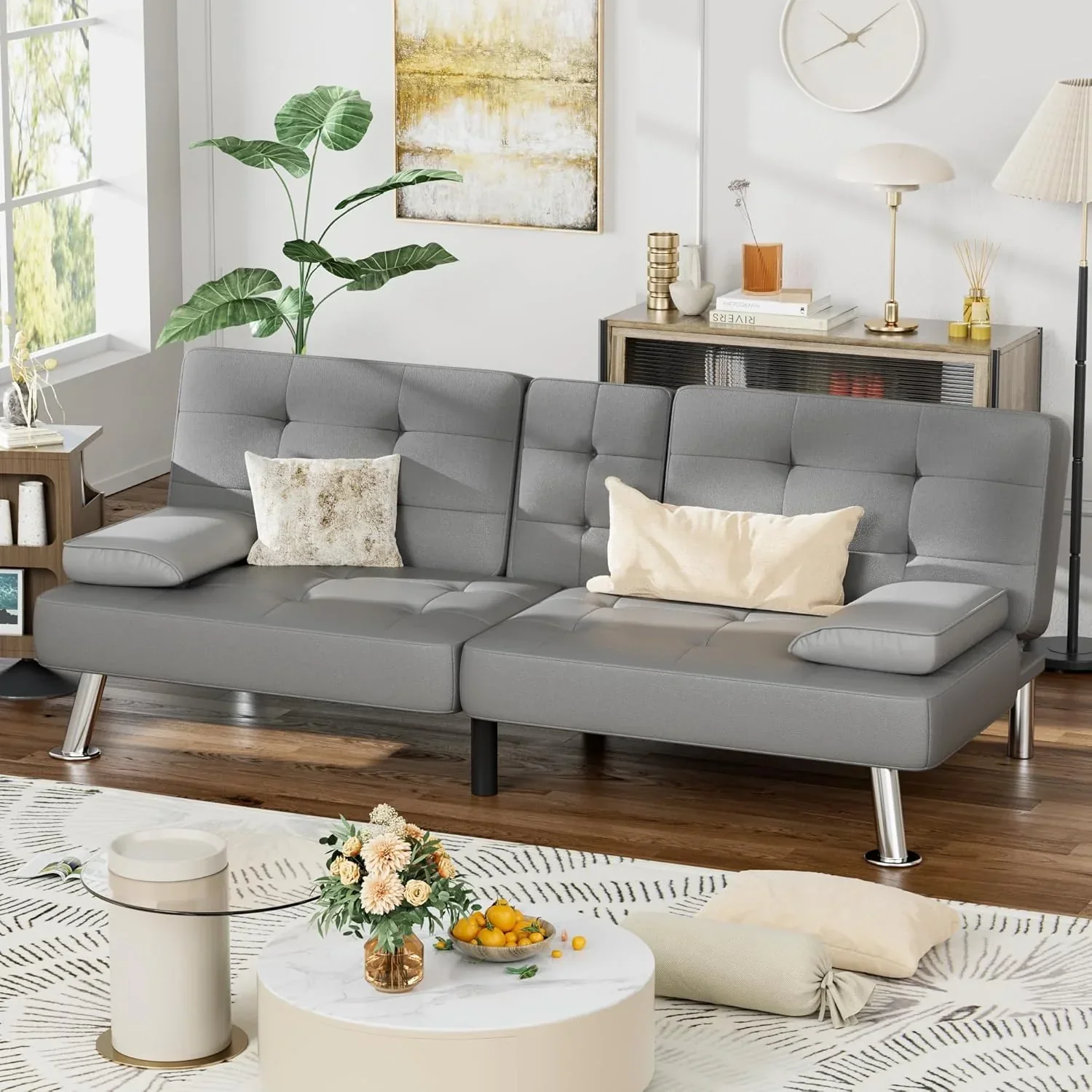 Homall Futon Sofa Bed Leather Futon Couch with Armrests Adjustable Recliner Sleeper Sofa Bed