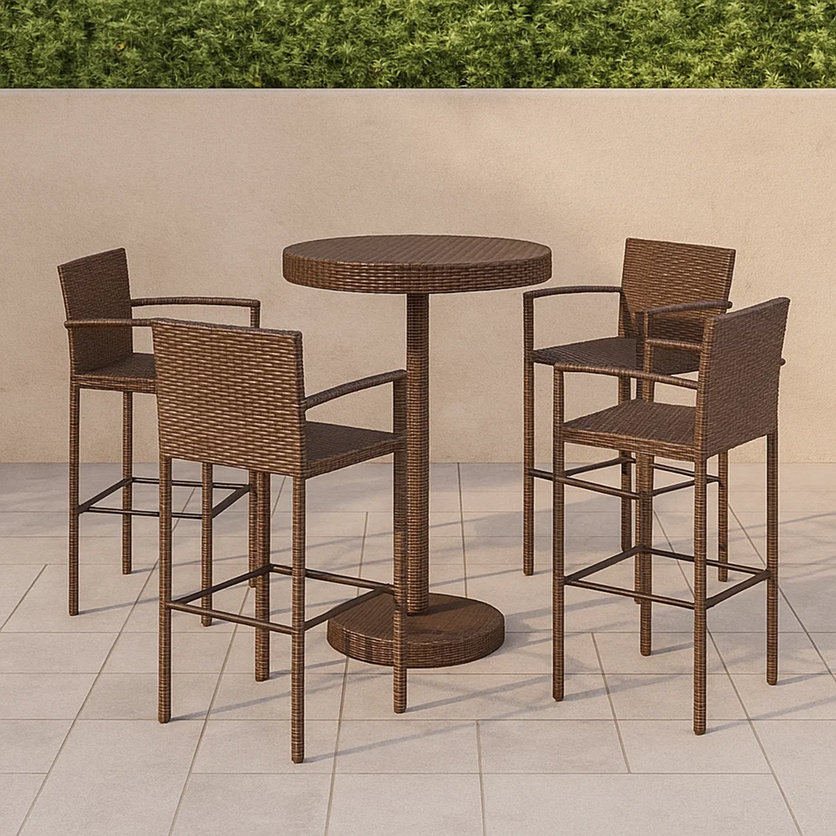 Conjunto de bar para jardín 5 pzas ratán sintético marrón – mesa alta y 4 taburetes