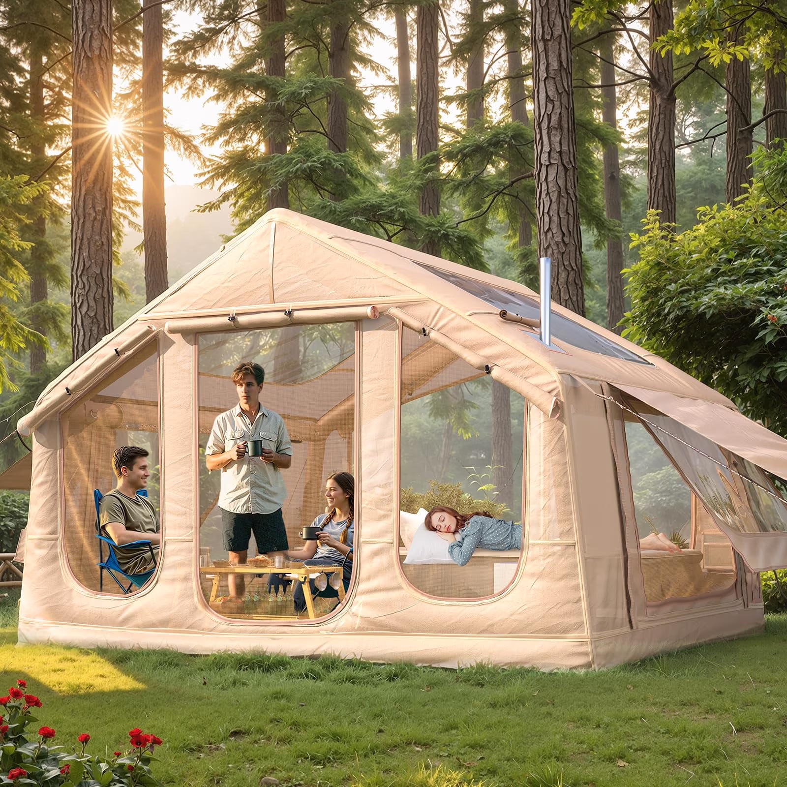 Yoleny 12'X8' Inflatable Tent, 96 SFT Blow up Tent for Camping, 4 Season Oxford Glamping Tents with Clear Skylight, Pump Stove Jack(210D Oxford-No Skylight)