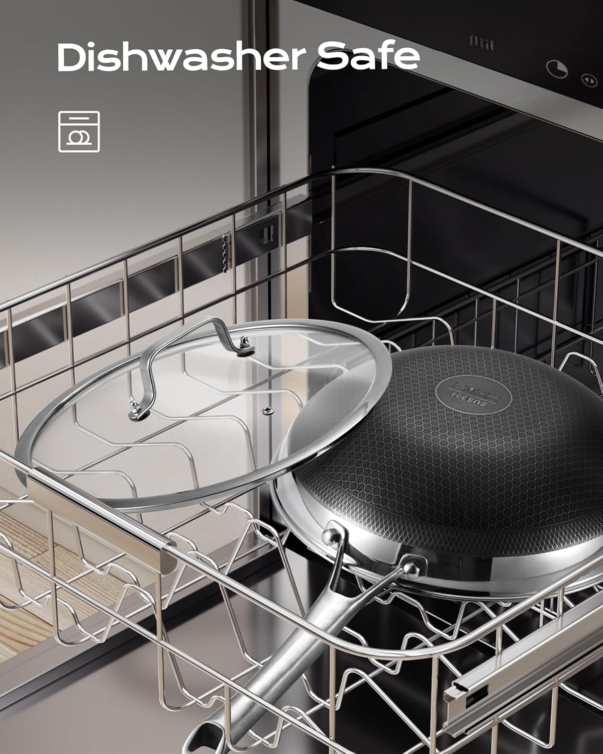 FGJ Wok pan,12 inch Hybrid Wok with Lid,PFOA Free Cookware,Non Stick Stainless Steel Woks & Stir-fry pans Nonstick, Dishwasher and Oven Safe, Works on Induction