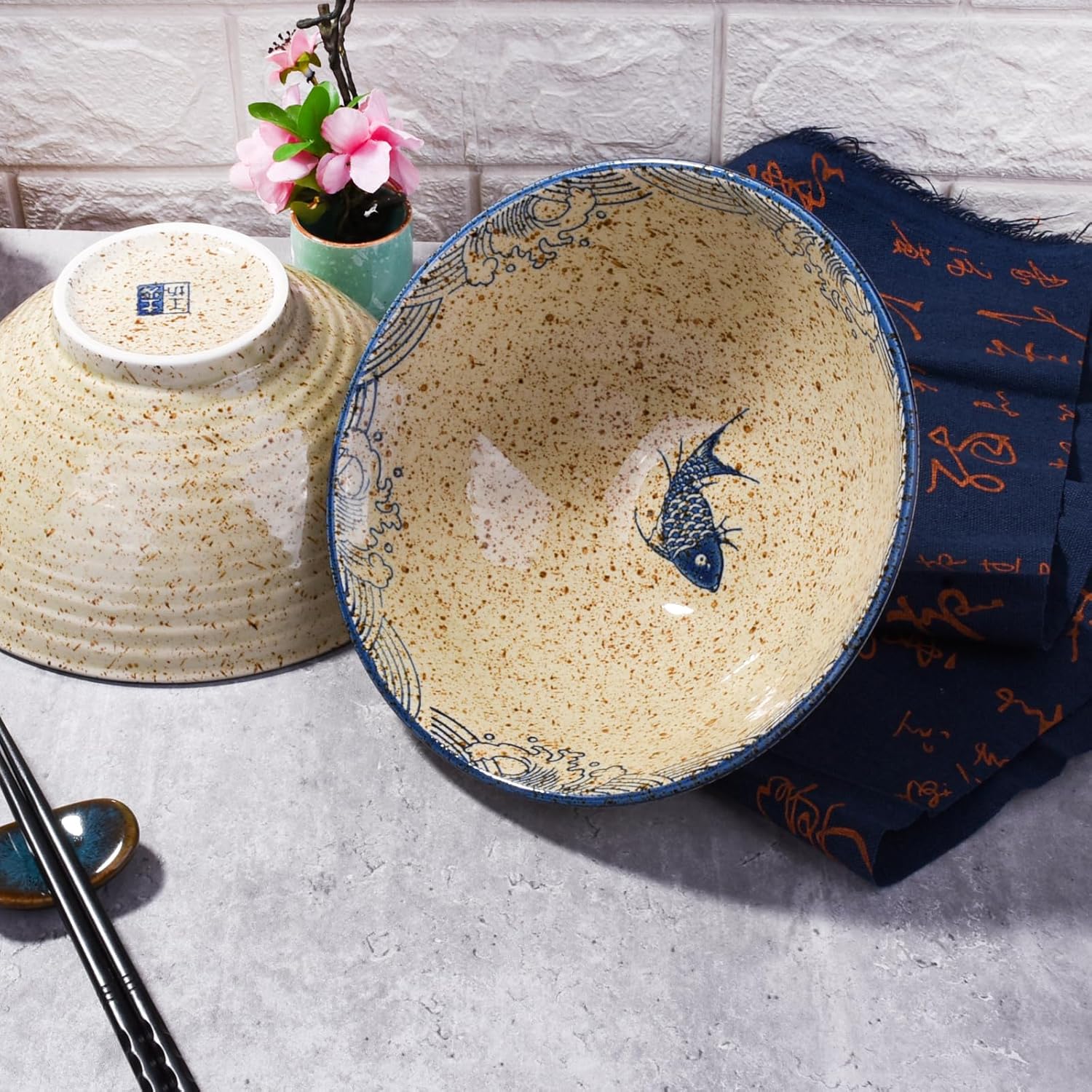 8-inch Ceramic Ramen Bowls with Fish Design, Japanese Style Soup Ramen Noodle Bowls, Set of 2, Dishwasher & Microwave Safe