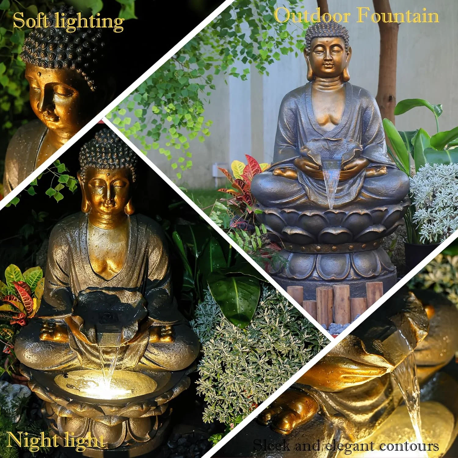 Buddha Water Fountain Outdoor Large Sitting Lotus Base Waterfall Fountains Zen Water Feature Indoor with LED Light for Garden Patio Backyard Deck Lawn Porch Balcony Home 45 inches Gold - Image 7