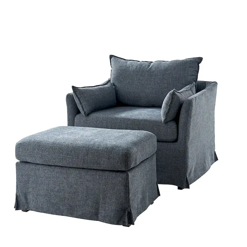Sophie Contemporary Oversized Slipcovered Armchair and Ottoman with Lockable Rear Wheels