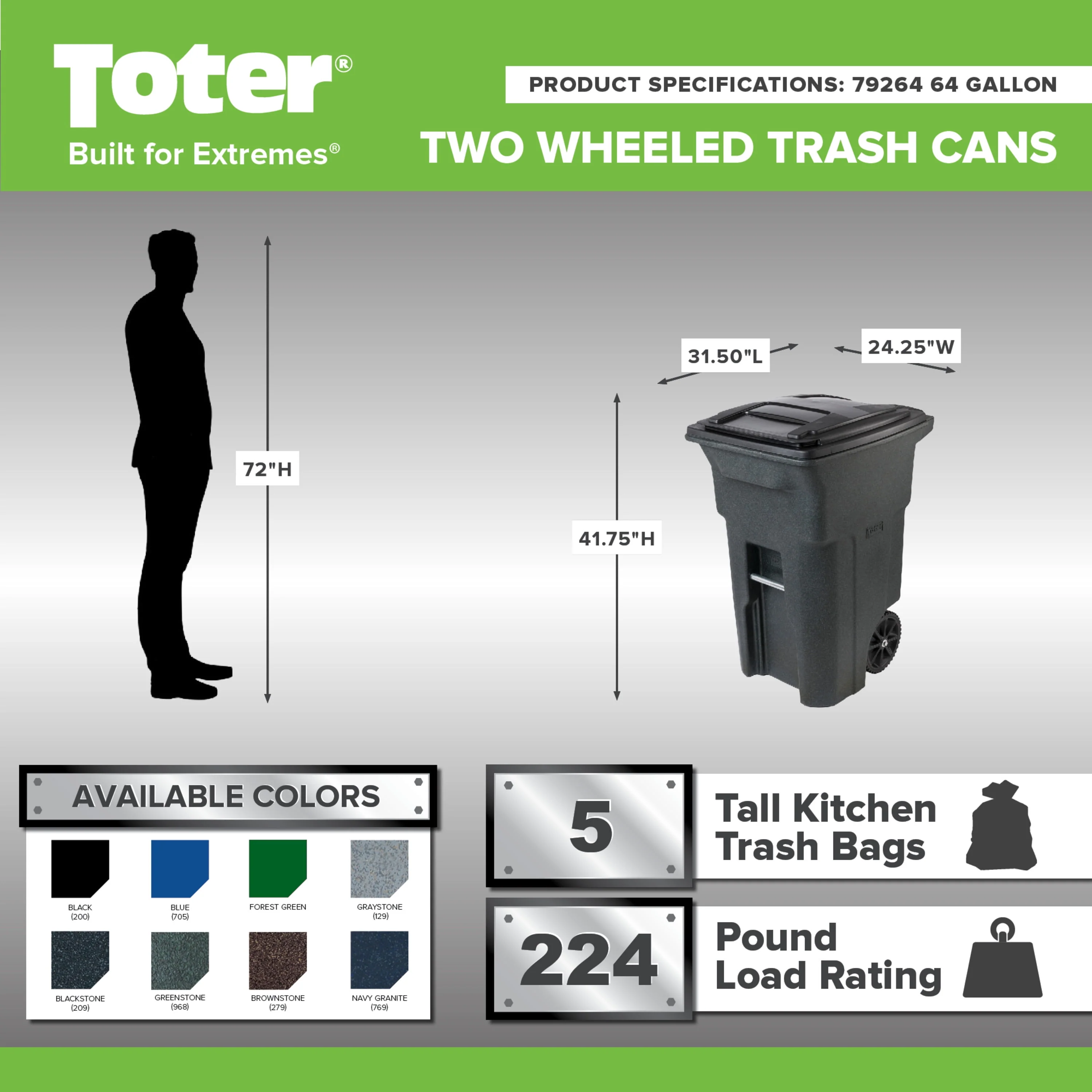 Toter 64 gallon black garbage can with wheels and lid - Image 4
