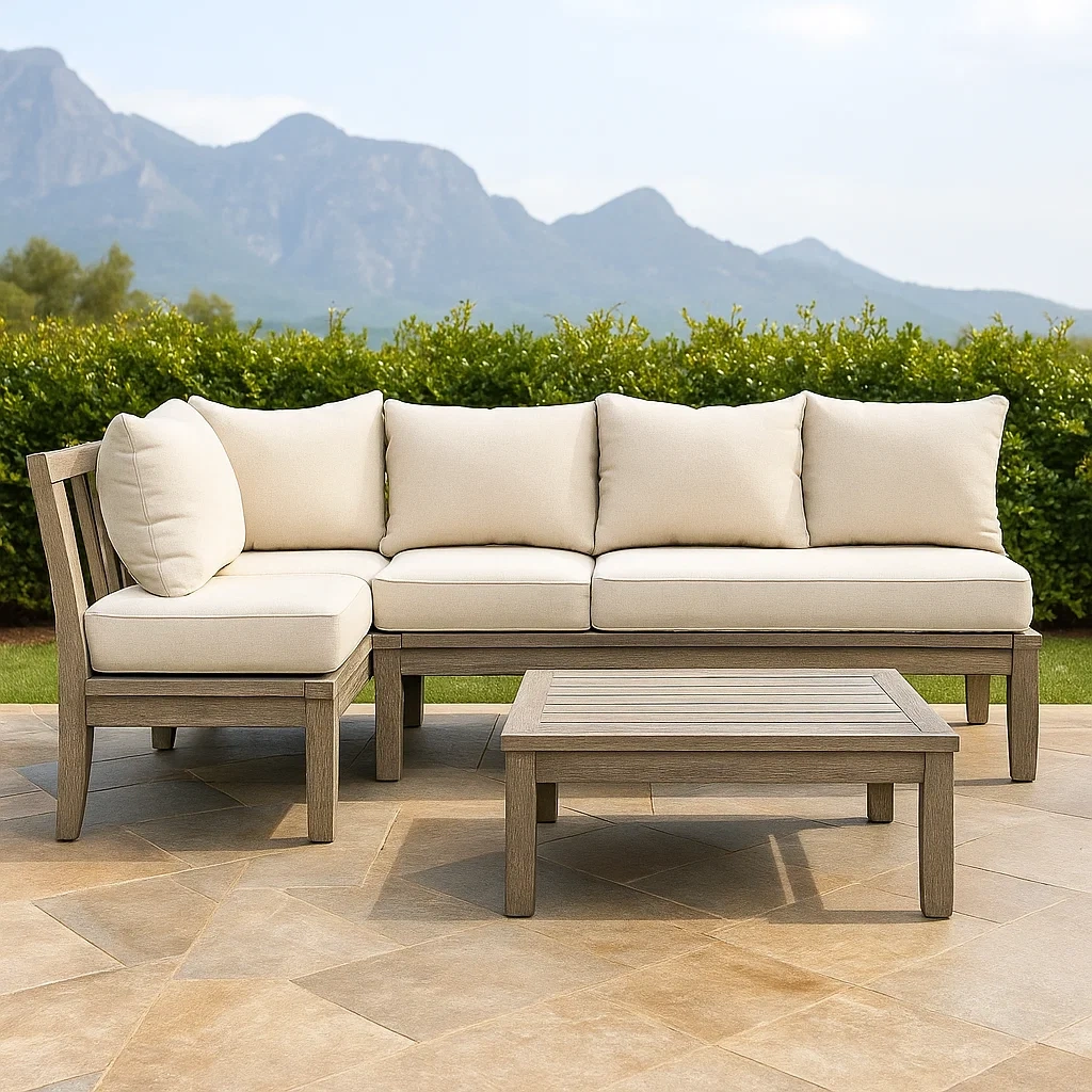 Muebles de salón para jardín 5 asientos madera gris sofá modular 180x140x80 cm,mesa rectangular 100x60x40 cm con cojines beige instalación exterior para patio o terraza - UjGI5iOW6UJ2