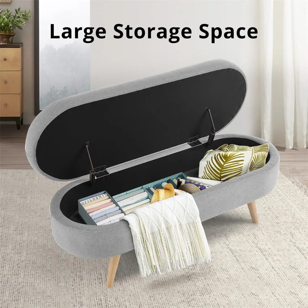 Sumdeal 43.5" Storage Ottoman Bench with 250lb Seating, Linen Upholstered Wood Legs Safety Hinge Flip Top Oval Foot Rest Long Stool for Sofa Couch Bedroom End of Bed Living Room Entryway, White - Image 62