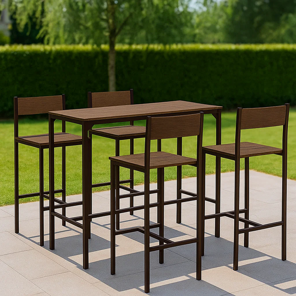 Conjunto de bar para jardín 5 pzas metal y efecto madera marrón – mesa alta y 4 taburetes