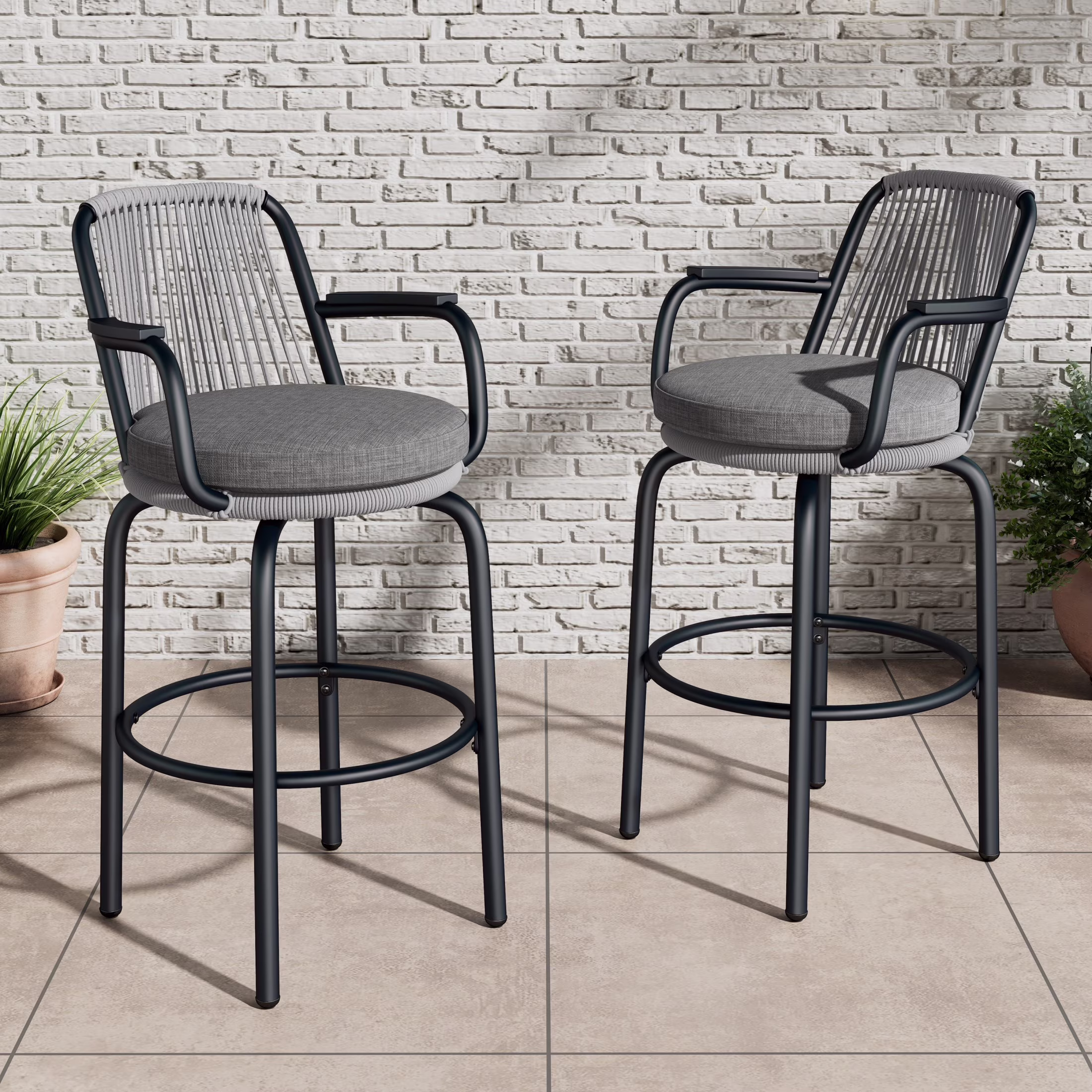 Lyric Modern 29" Outdoor Patio Bar Stools, Bar Chairs with Wood Grain Finish Frame with Hand-Woven PE Rattan Rope, Removable Cushions, Teak+Beige, Set of 2 - Image 3