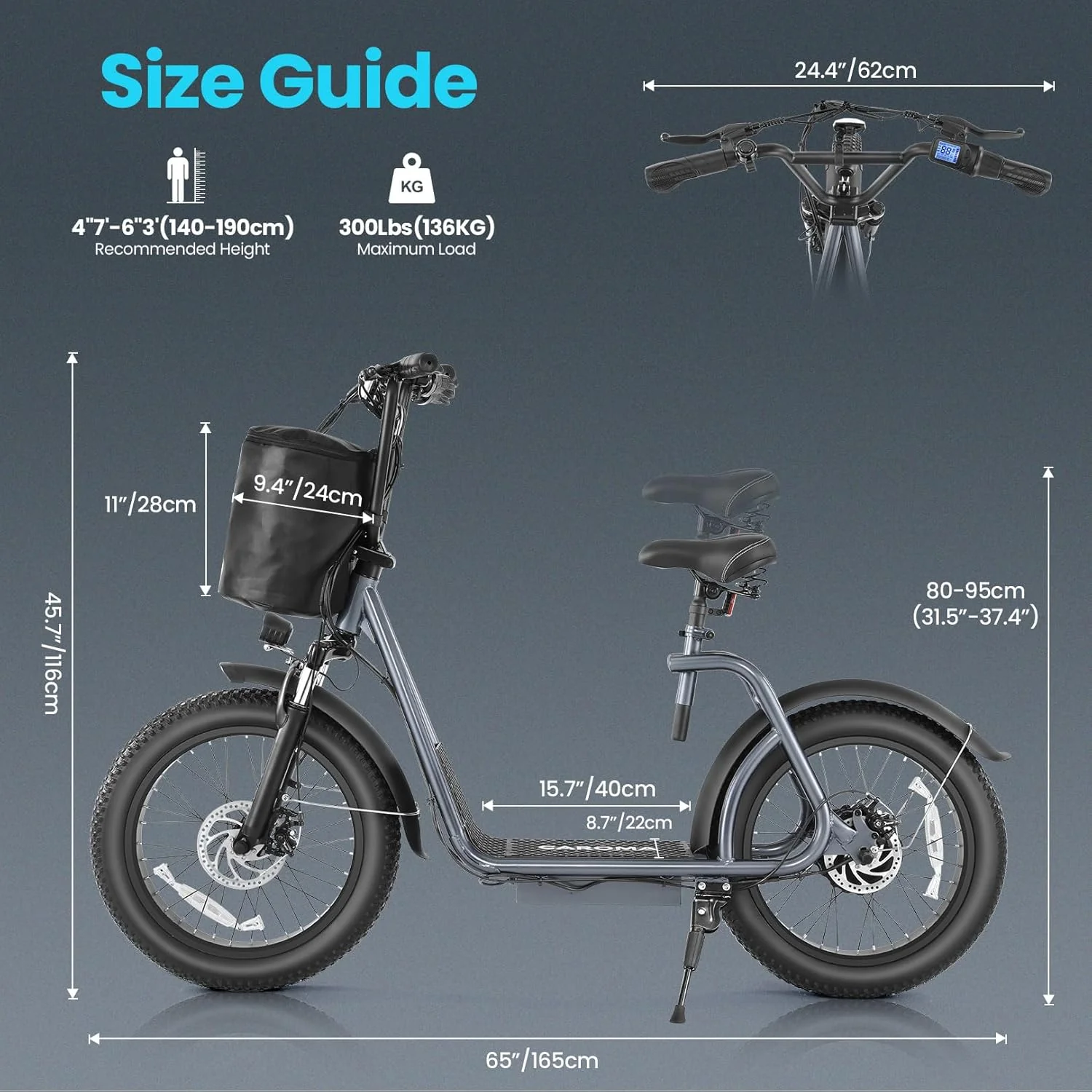 Caroma Peak 800W Foldable Adult Electric Scooter with 20-inch Wide Tires, 48V Battery, Basket, and Adjustable Seat