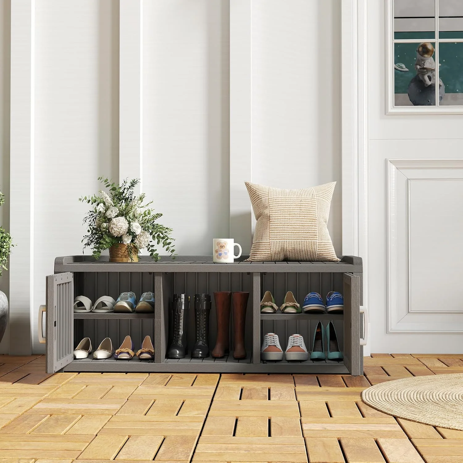 KAMABOKO Outdoor Shoe Storage Cabinet, Waterproof UV-Resistant Entryway Storage Bench Indoor Outdoor with 2 Barn Doors, Adjustable Shelves for Entryway, Bedroom, Hallway,Living Room(Black) - Image 27
