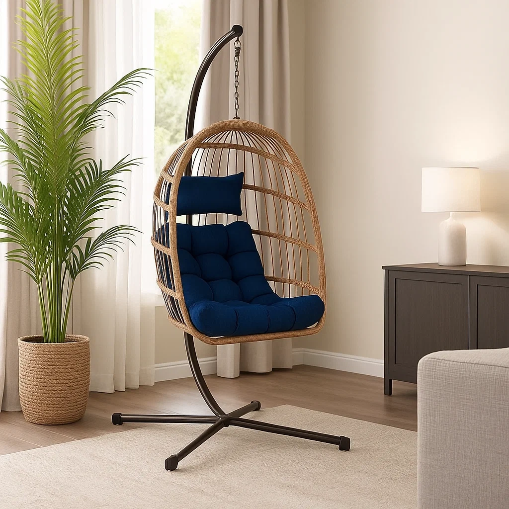 Sillón colgante de 1 plaza de resina trenzada marrón y cojín azul - AeZzrsr248si