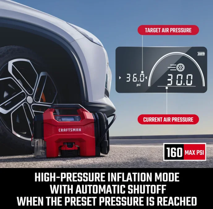 CRAFTSMAN 3-in-1 Tire Inflator, 160PSI Portable Air Compressor/Car Vacuum/Dust Blower, 20V Cordless & 12V Car Power, Air Pump with LED Light for Cars Trucks RV Tires (Battery Sold Separately) - Image 6