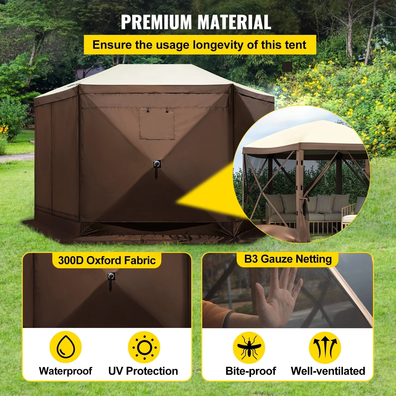 VEVORbrand Camping Gazebo Tent, 12'x12', 6 Sided Pop-up Canopy Screen Tent for 8 Person Camping, Waterproof Screen Shelter w/Portable Storage Bag, Ground Stakes, Mesh Windows, Brown & Beige - Image 5