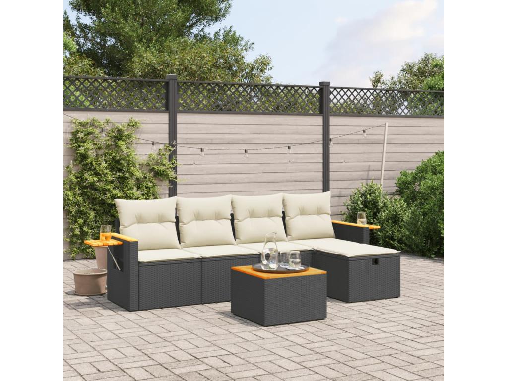 Set de sofás de jardín 6 piezas y cojines ratán sintético negro