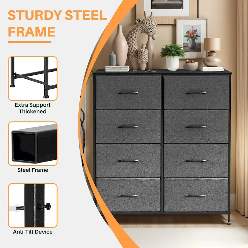 8-Drawer Tall Fabric Dresser for Bedroom - Stylish Closet Organizer Tower with Wooden Top and Metal Frame