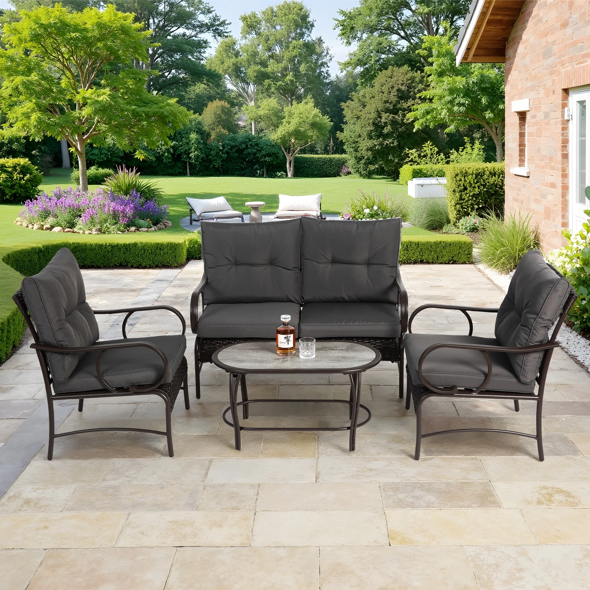 Patio Sofa Set, 4 Pieces Outdoor Sectional Furniture, All-Weather PE Rattan Wicker Patio Conversation Set, Cushioned Sofa Set with Coffee Table for Patio Garden Poolside Deck - Image 26