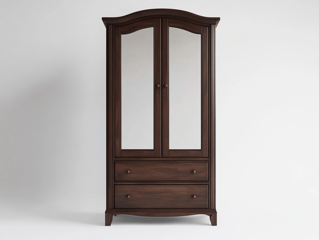 Armario clásico de madera – 2 puertas con espejo + 2 cajones – 190×90×52 cm – marrón oscuro – diseño tradicional curvo