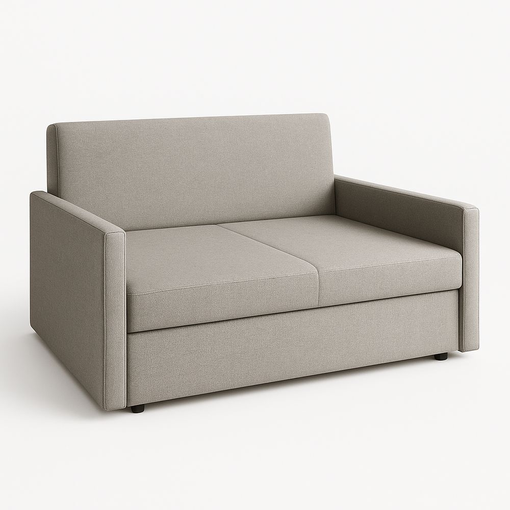 Sofá cama compacto y moderno de dos plazas en tela gris,ideal para espacios pequeños y decoración minimalista