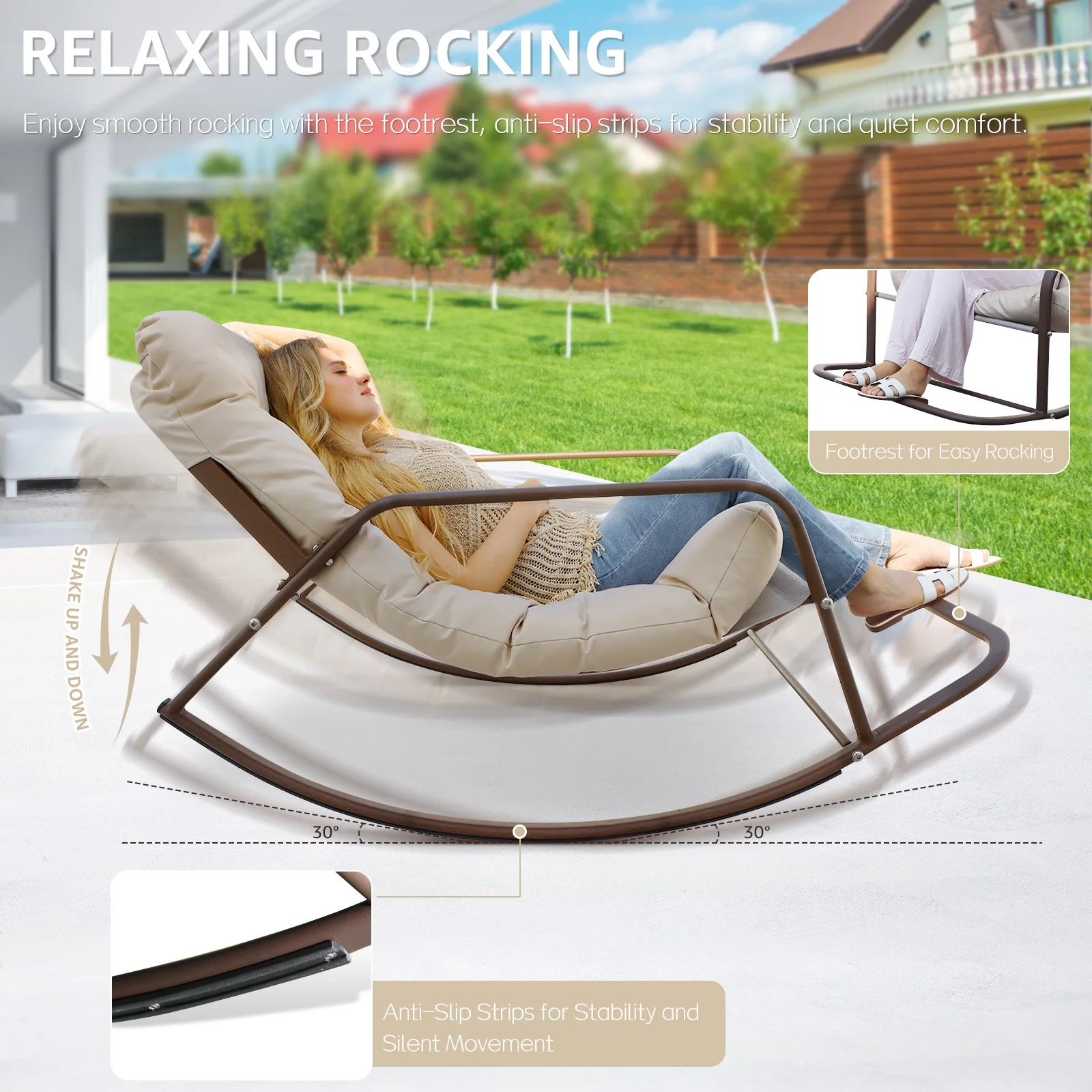 RADIATA Oversized Rocking Chair with Footrest, RADIATA Patio Papasan Rocking Recliner for Indoor Outdoor Use, Heavy Duty Wicker Lounge Chair, 450lbs, Beige - Image 8