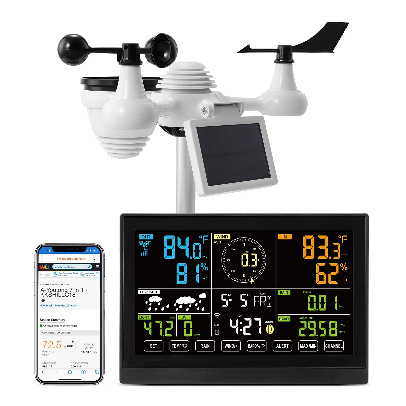 BENTISM 7 in 1 Wi-Fi Wireless Weather Station, for Indoor and Outdoor Temperature and Humidity, Wind Speed/Direction, Rainfall, with Built-in Barometer and 7.5in Digital Color Display - Image 9