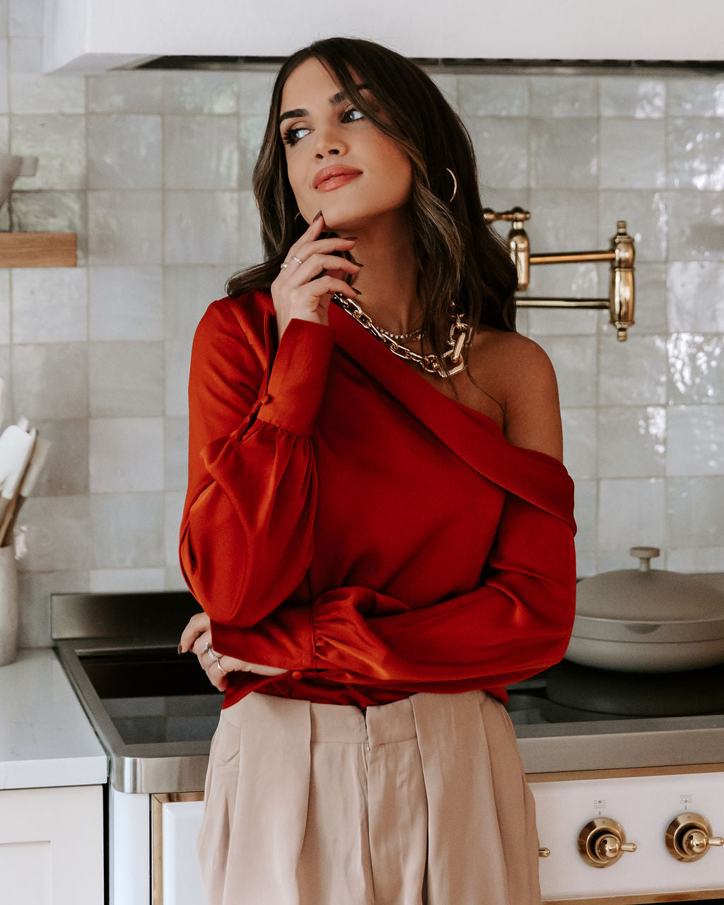Runway Girl Satin Off Shoulder Top - Rust - Se7enfashion