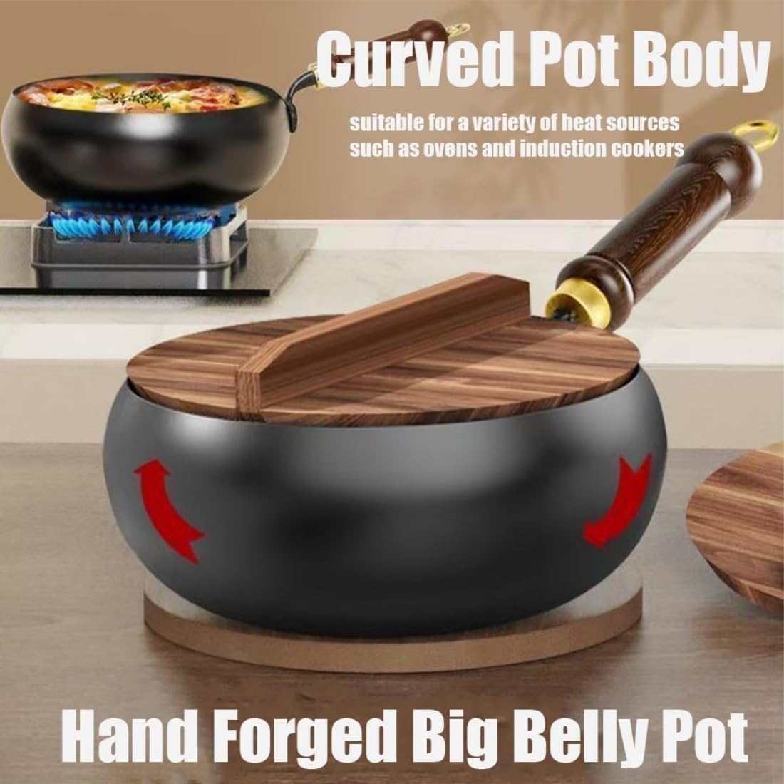 Iron Pot, 7.87-11.81 inch Uncoated Iron Pan with Lid, No Chemical Coated Flat Bottom Japanese Pans, Woks & Stir-Fry Pans Set for Induction, Electric, Gas (Wooden Lid, 7.87in)