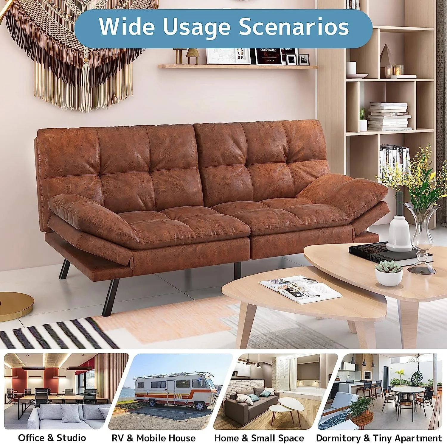 Convertible Futon Sofa Bed, Modern Sleeper Sofa, Brown - Image 2