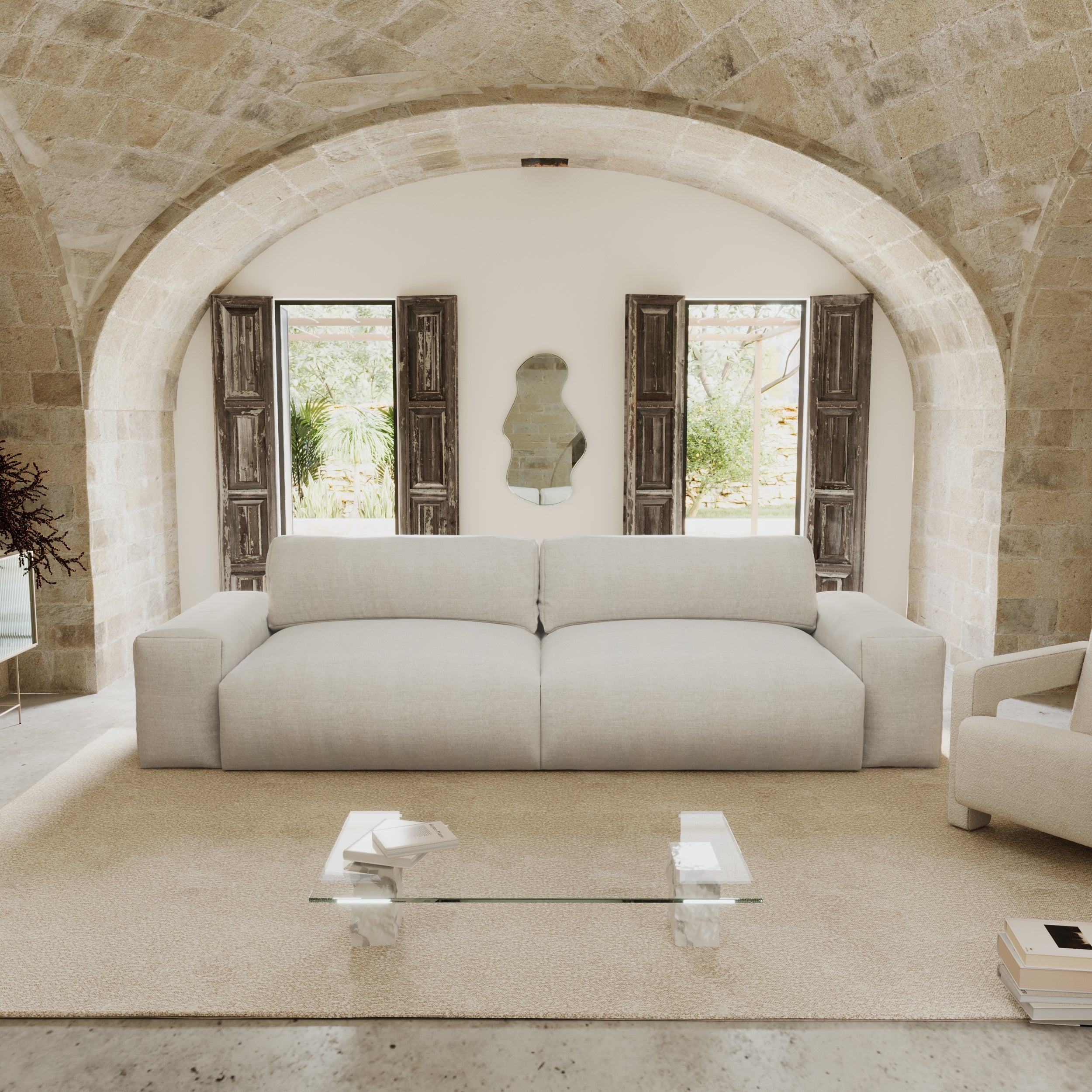 Rechte bank BLISS 4 personen Zacht aanvoelende geweven stof Beige