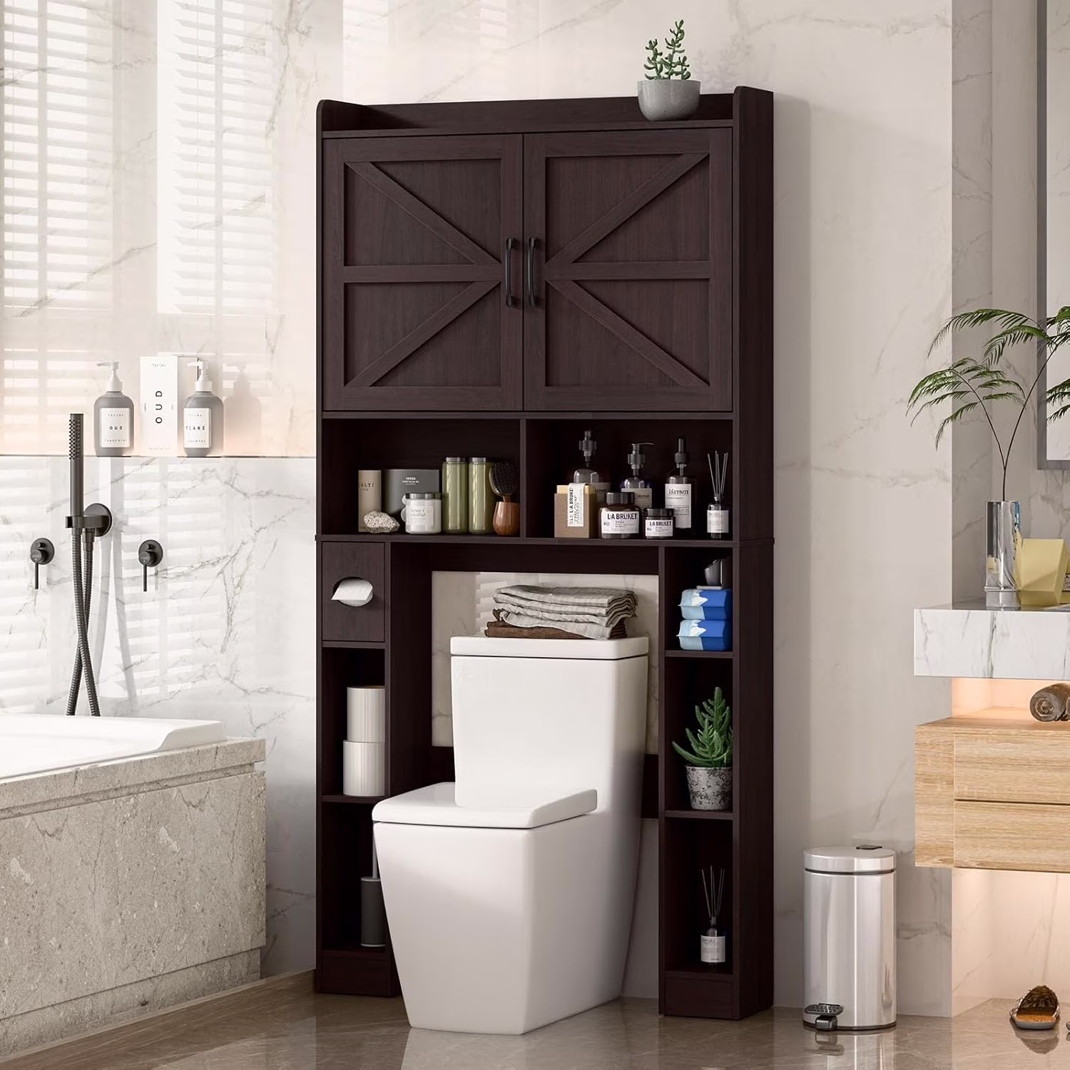 Vabches Over The Toilet Storage Cabinet with Toilet Paper Holder Stand, Above Toilet with Adjustable Shelf & 2 Doors - Image 5