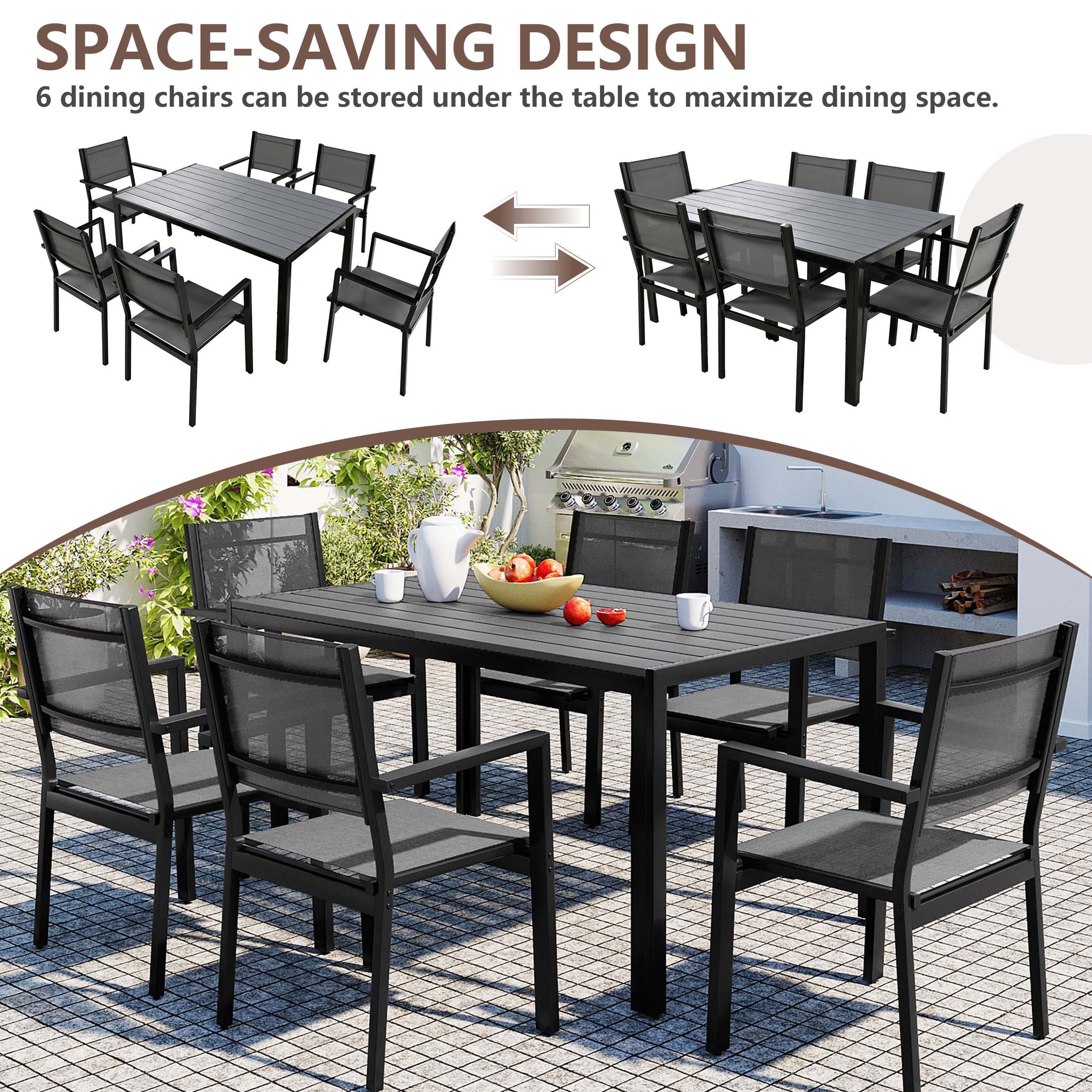 7 Piece Outdoor Dining Set, Patio Dining Table Set for 6 Persons, Garden Patio Textilene Dining Furniture Set with Plastic-Wood Tabletop, Dining Table Chairs Conversation Set for Deck Patio - Image 39