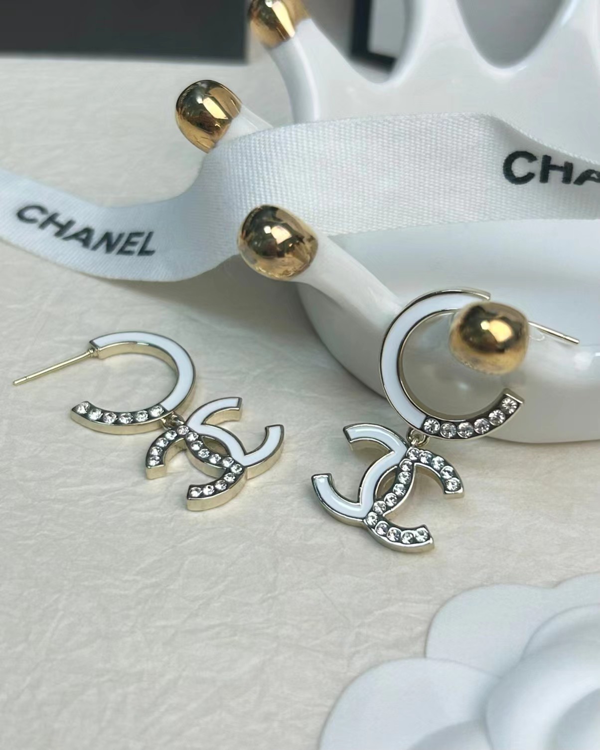 Chanel Half Enamel Half Diamond Double C Earrings - Original Replica Club