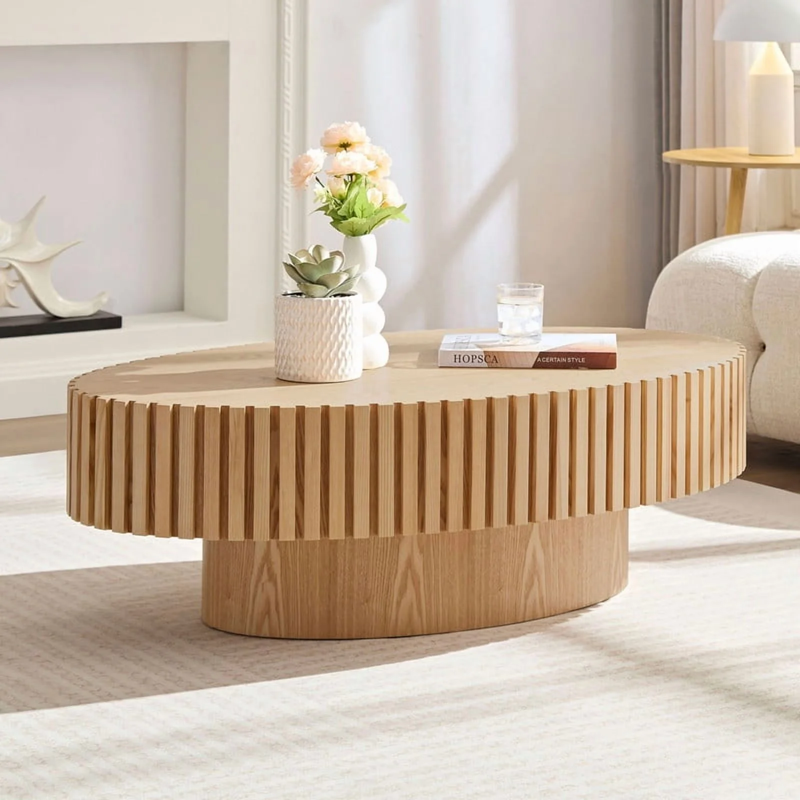 FFH 43.7 inch Oval Coffee Table for Living Room,Handcraft Rustic Corner Coffee Table Nature Wood Relief Sturdy Pedestal for Apartmen,Side Table Centre Table,Nature Wood - Image 53