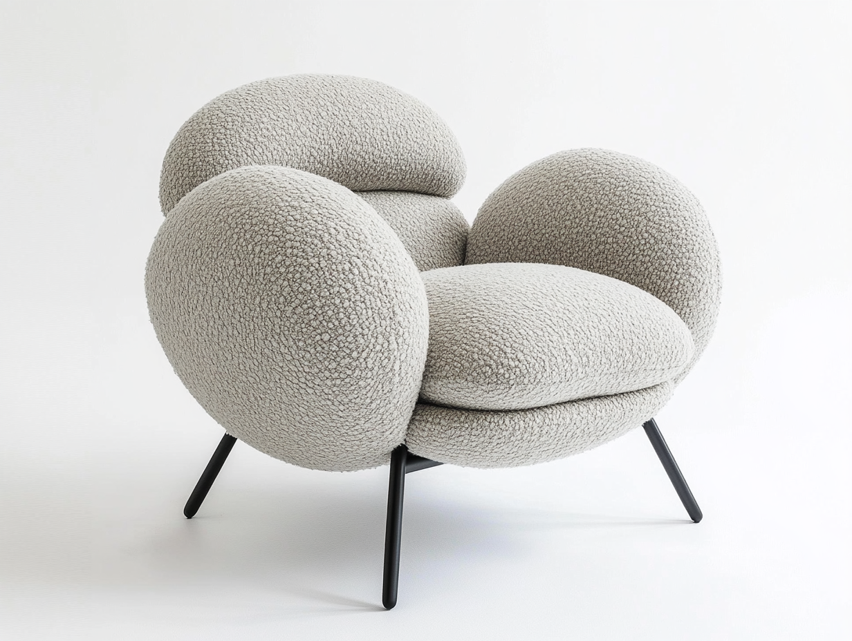 Sillón de tela bouclé gris claro con patas negras, estilo moderno y acolchado
