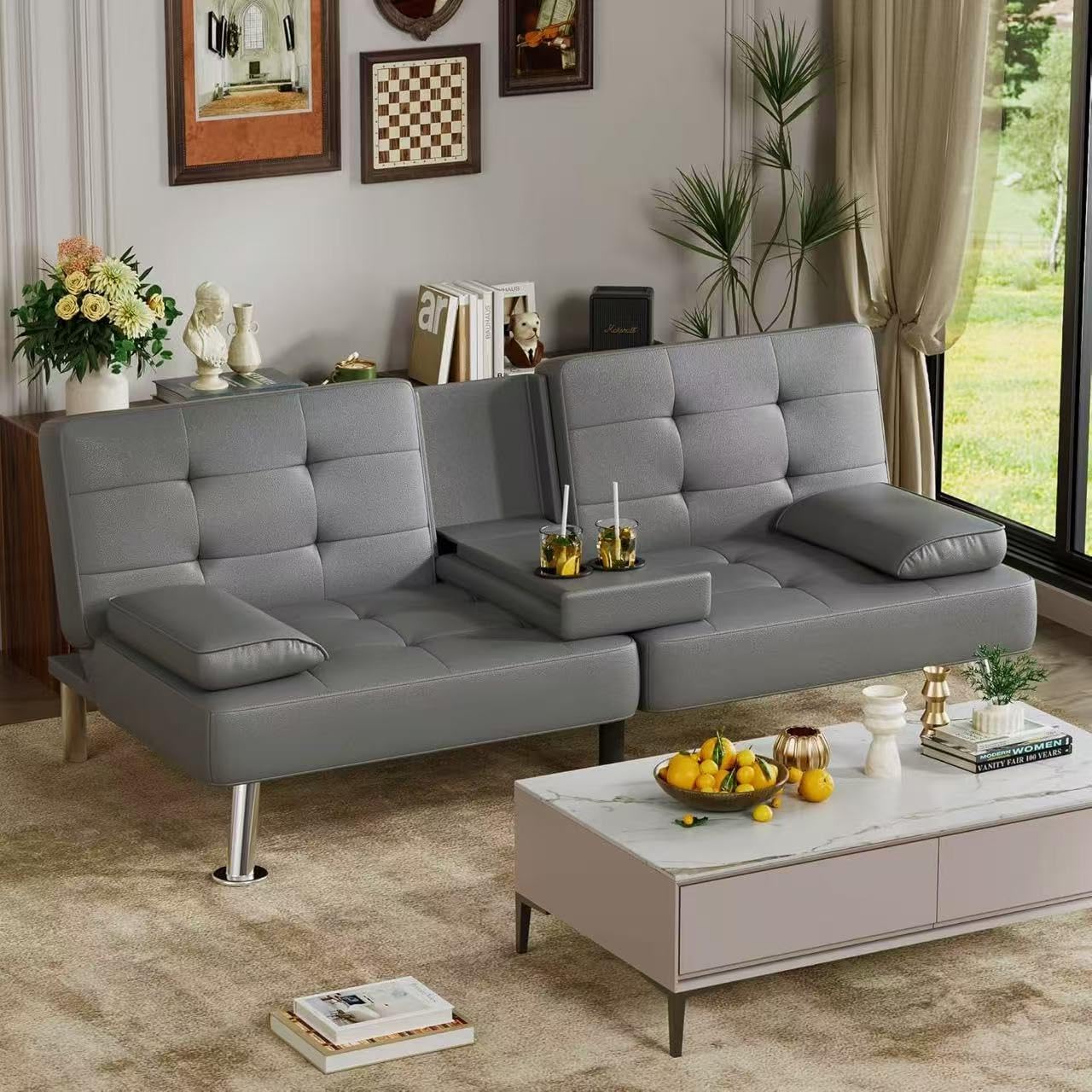 Homall Futon Sofa Bed Leather Futon Couch with Armrests Adjustable Recliner Sleeper Sofa Bed