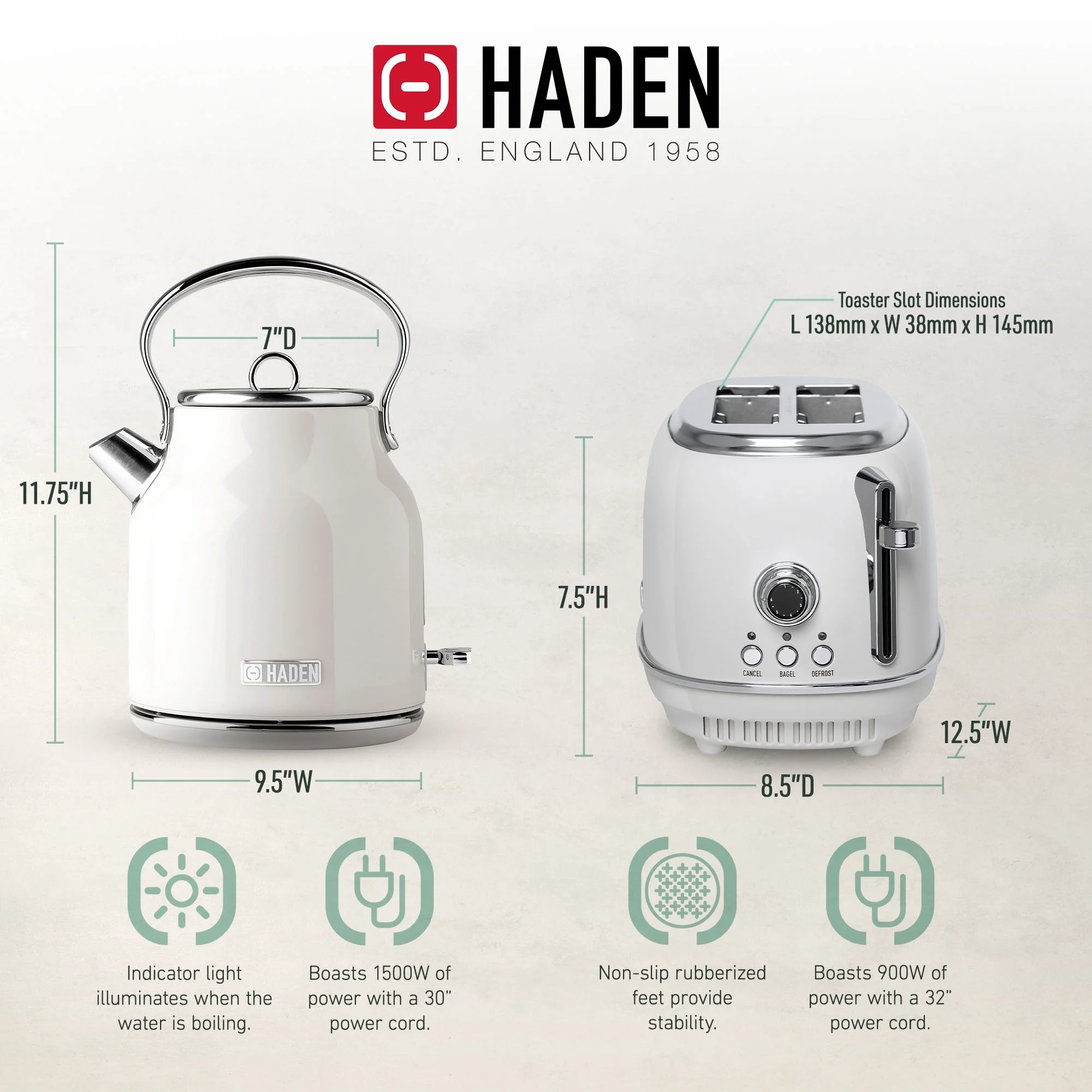 Haden Heritage 1.7 Liter Electric Kettle with 2 Slice Bread Toaster, White - Image 8
