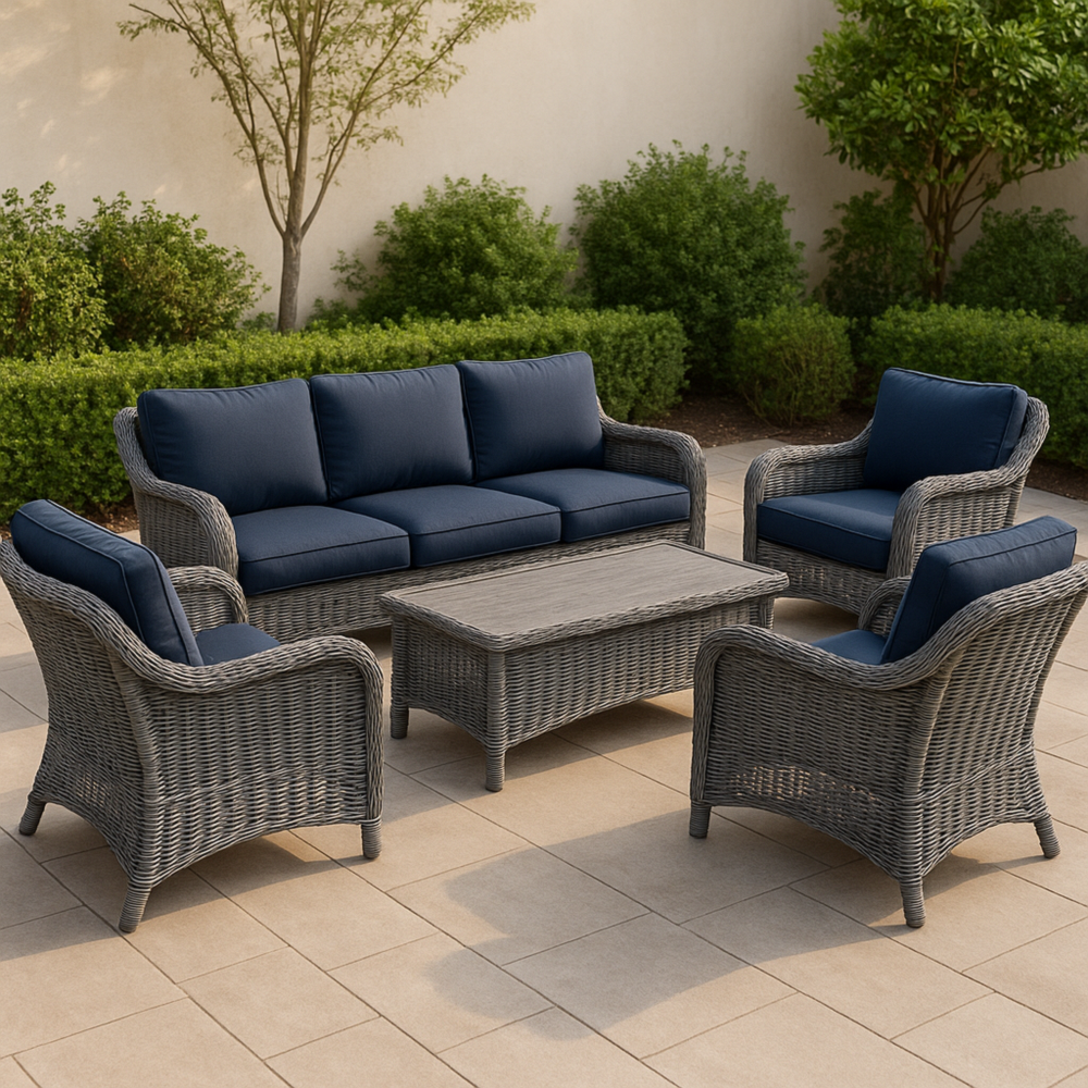 Conjunto de Exterior Sofá 3 Plazas y 2 Sillones con Mesa de Centro Rectangular y Cojines Azul Oscuro