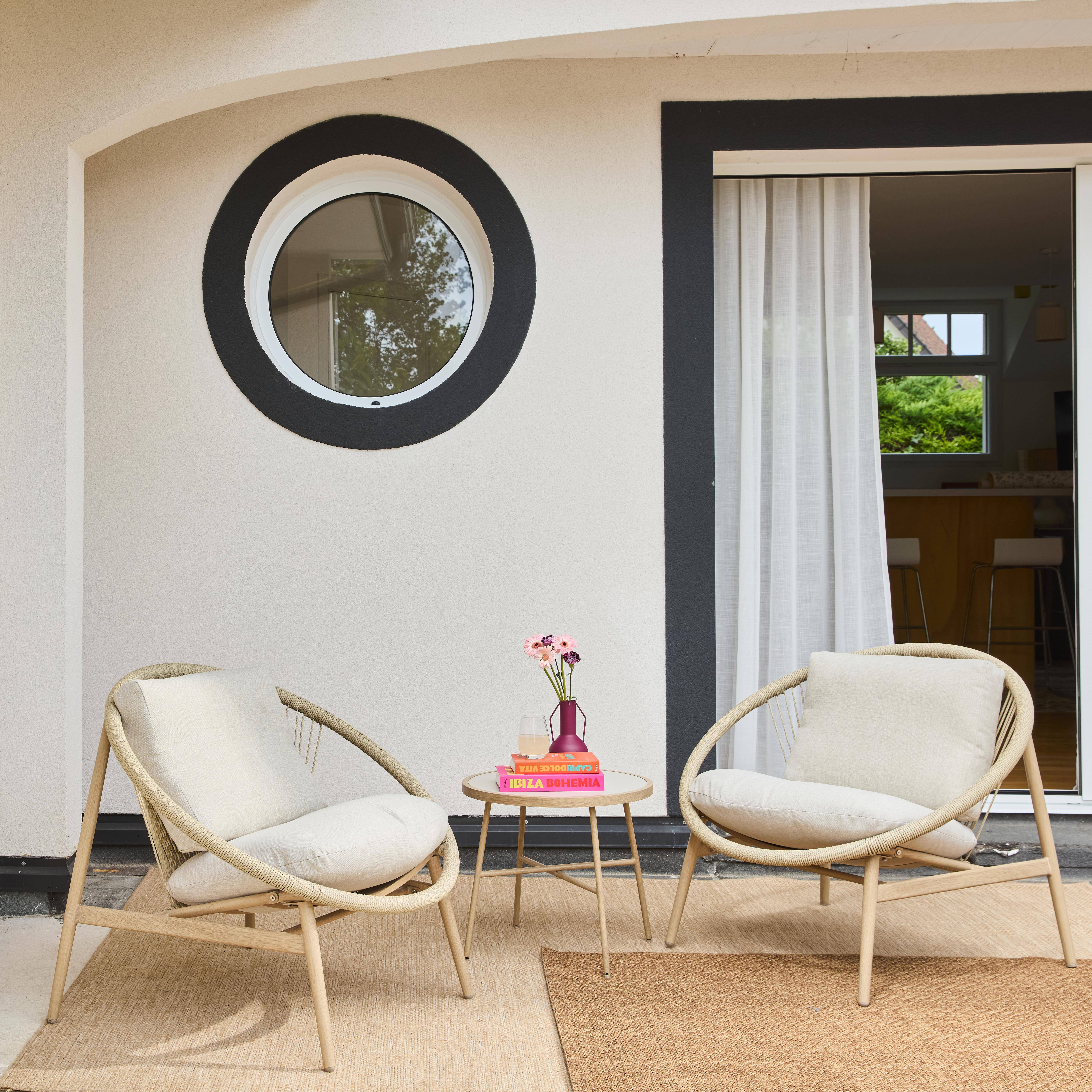 Narola - Conjunto de jardín con 2 sillones de ratán y mesa de acero, 2 plazas